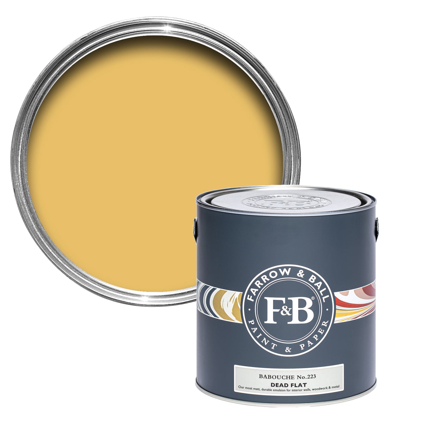 Offene Dead Flat Farbdose von Babouche, einem intensiven Gelb, dass in der richtigen Kombination edel und herrschaftlich wirkt.
