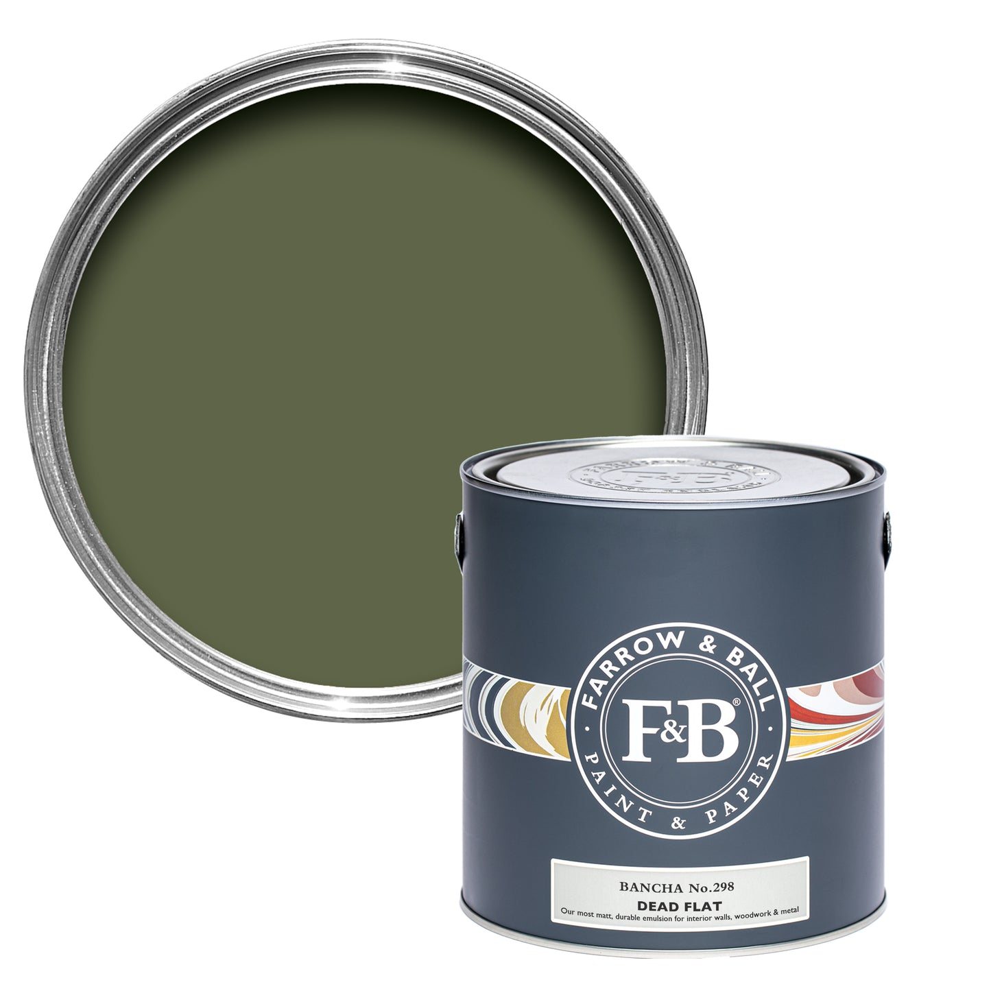 Offene Dead Flat Farbdose von Bancha, einem Olivgrün, das nach den gleichfarbigen japanischen Teeblättern benannt ist.