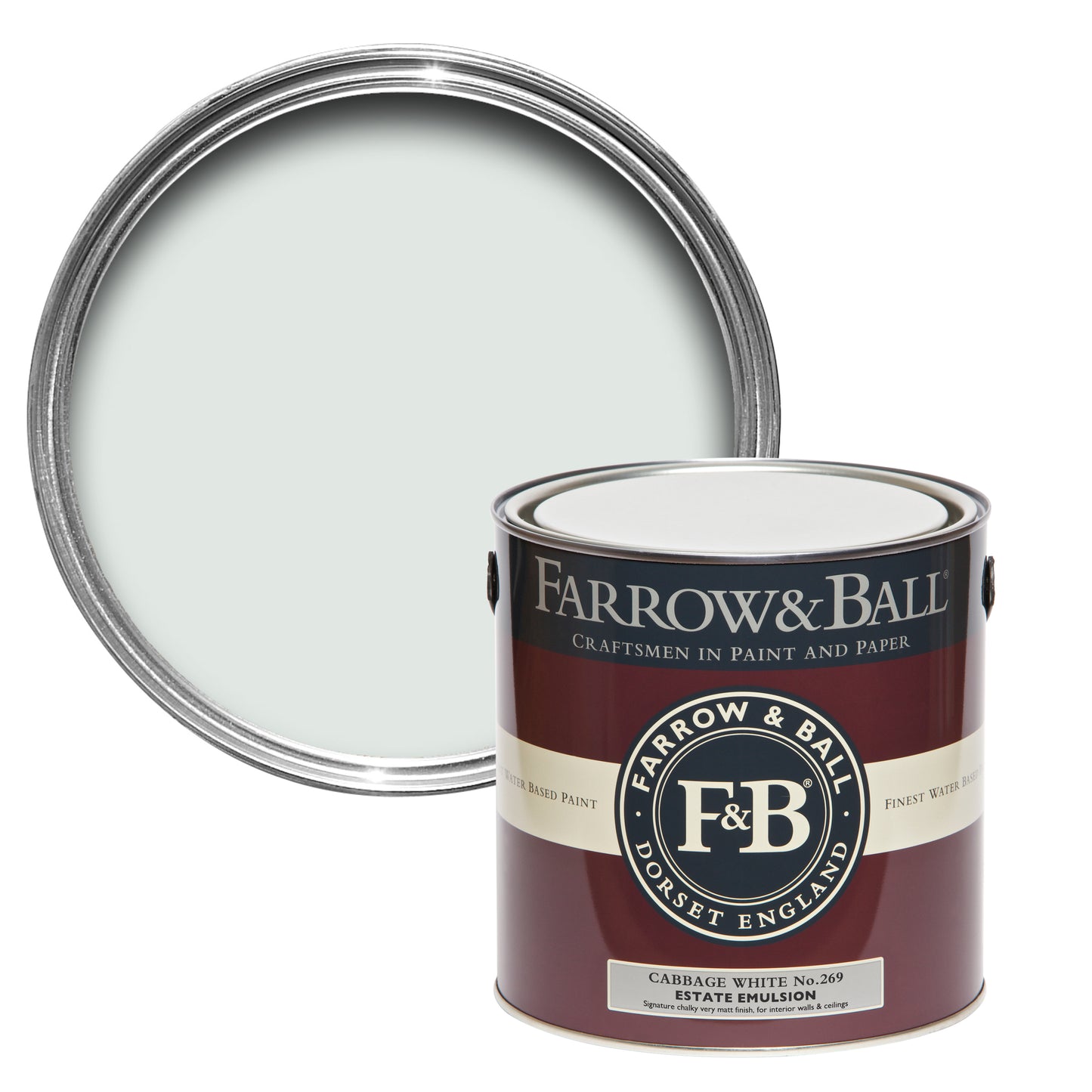 Offene Farbdose von oben von Cabbage White, einem subtilen Weiß mit einem Hauch von Blau mit einer geschlossenen 2,5l Dose Estate Emulsion davor.