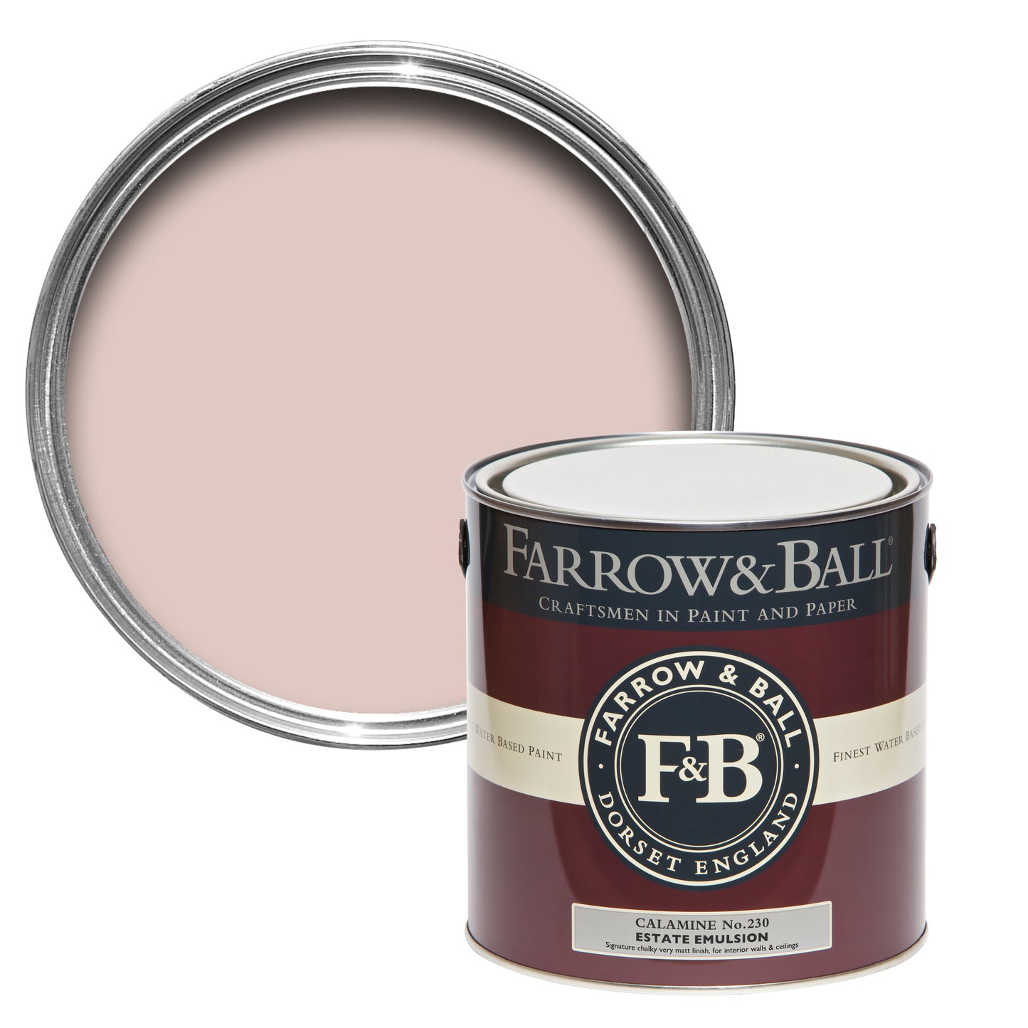 Offene Farbdose von oben von Calamine, einem jugendlichen, freundlichen und zartem Pink mit einer geschlossenen 2,5l Dose Estate Emulsion davor.