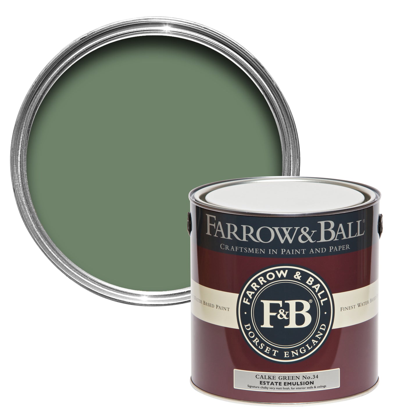 Offene Farbdose von oben von Calke Green, dem üppigen und dunkeln Grün mit einer geschlossenen 2,5l Dose Estate Emulsion davor.