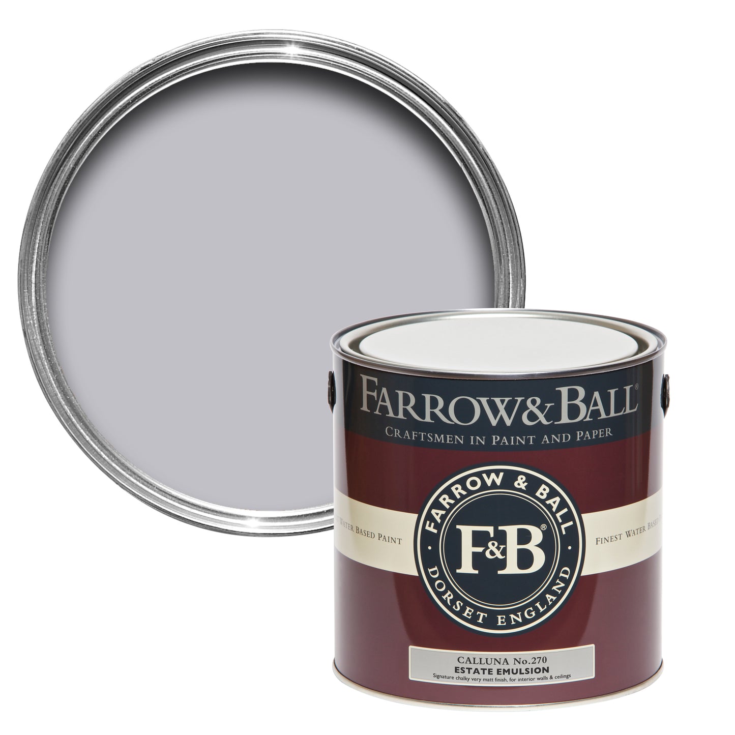 Offene Farbdose von oben von Calluna, einem ruhigen Lila, das an Heidekraut erinnert mit einer geschlossenen 2,5l Dose Estate Emulsion davor.