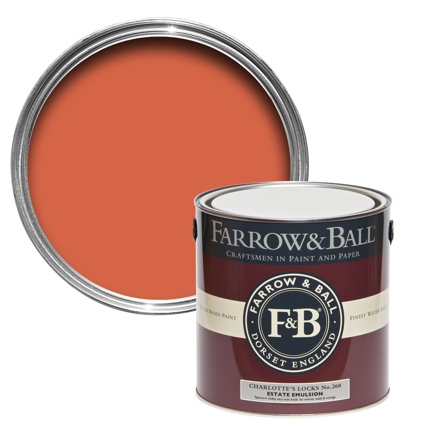 Offene Farbdose von oben von Charlotte's Locks, dem leuchtenden und kräftigen Orange mit einer geschlossenen 2,5l Dose Estate Emulsion davor.