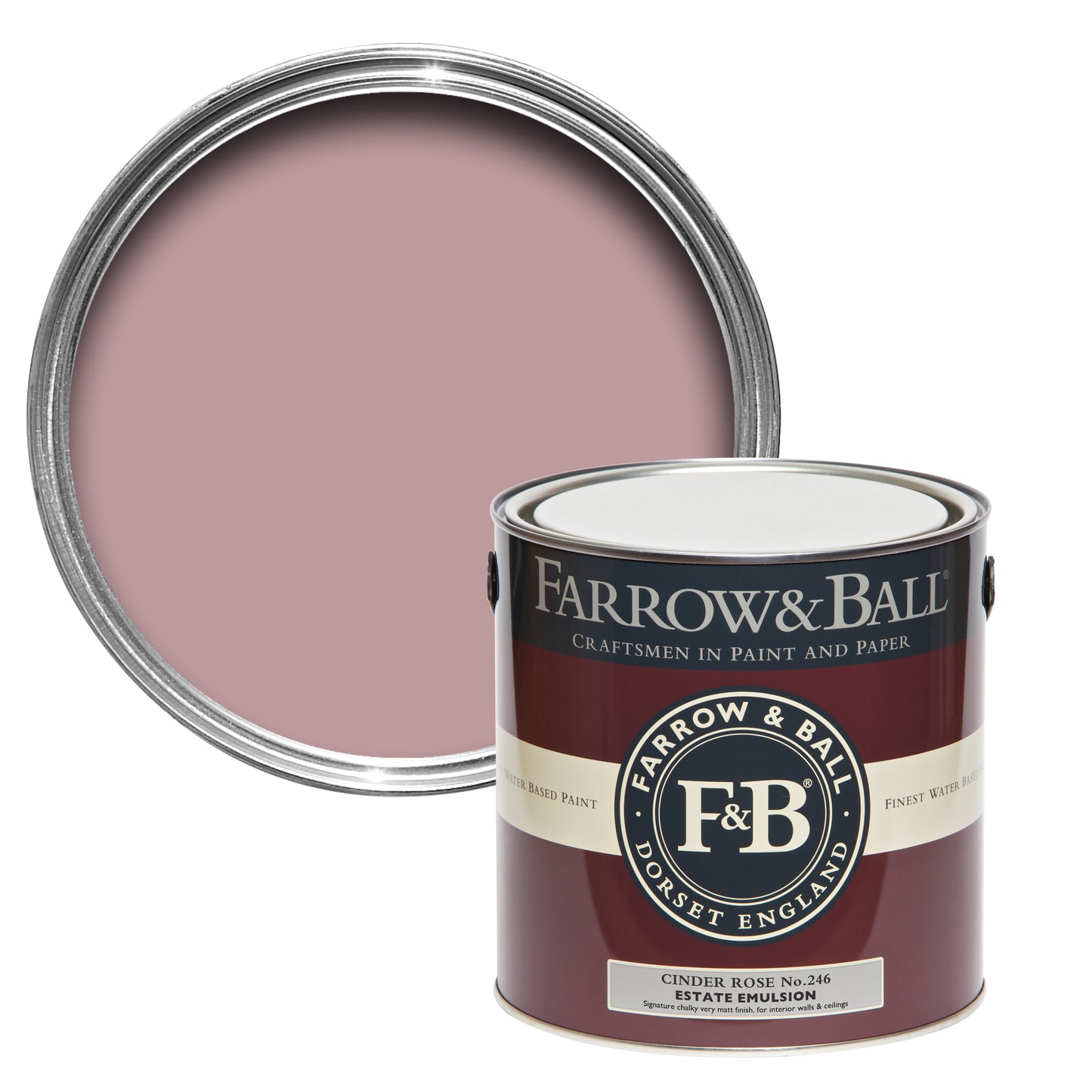 Offene Farbdose von oben von Cinder Rose, dem Rosa einer Rose mit einer geschlossenen 2,5l Dose Estate Emulsion davor.