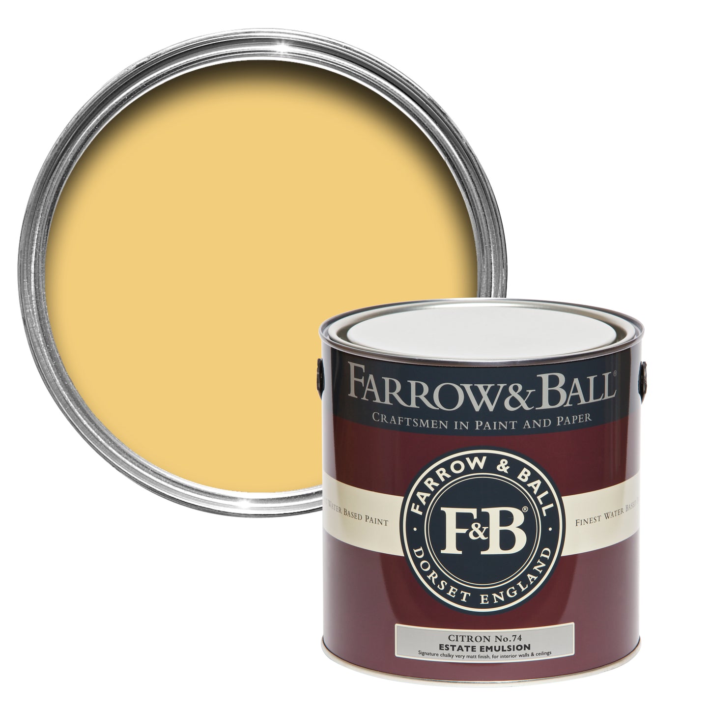 Offene Farbdose von Citron, einem leuchtend frischen Citruston und einer geschlossenen Estate Emulsion Dose davor.