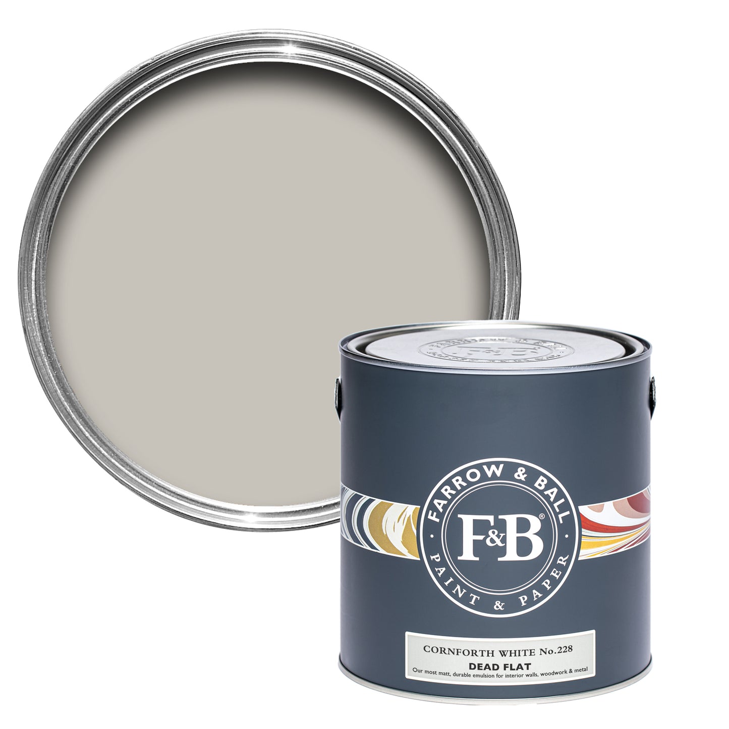 Offene Dead Flat Farbdose von Cornforth White, einem entspannten Weißton