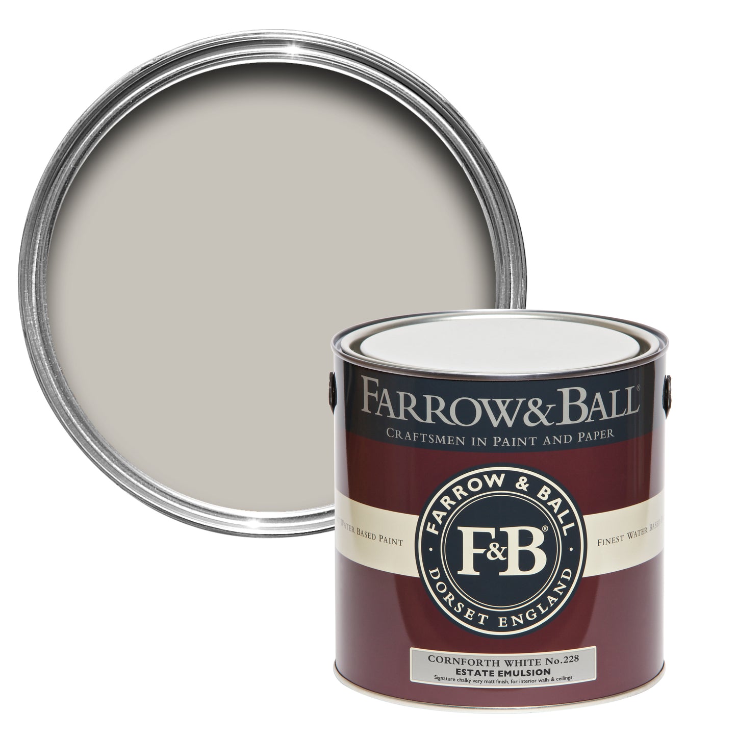 Offene Farbdose von oben von Cornforth White, einem entspannten Weißton mit einer geschlossenen 2,5l Dose Estate Emulsion davor.