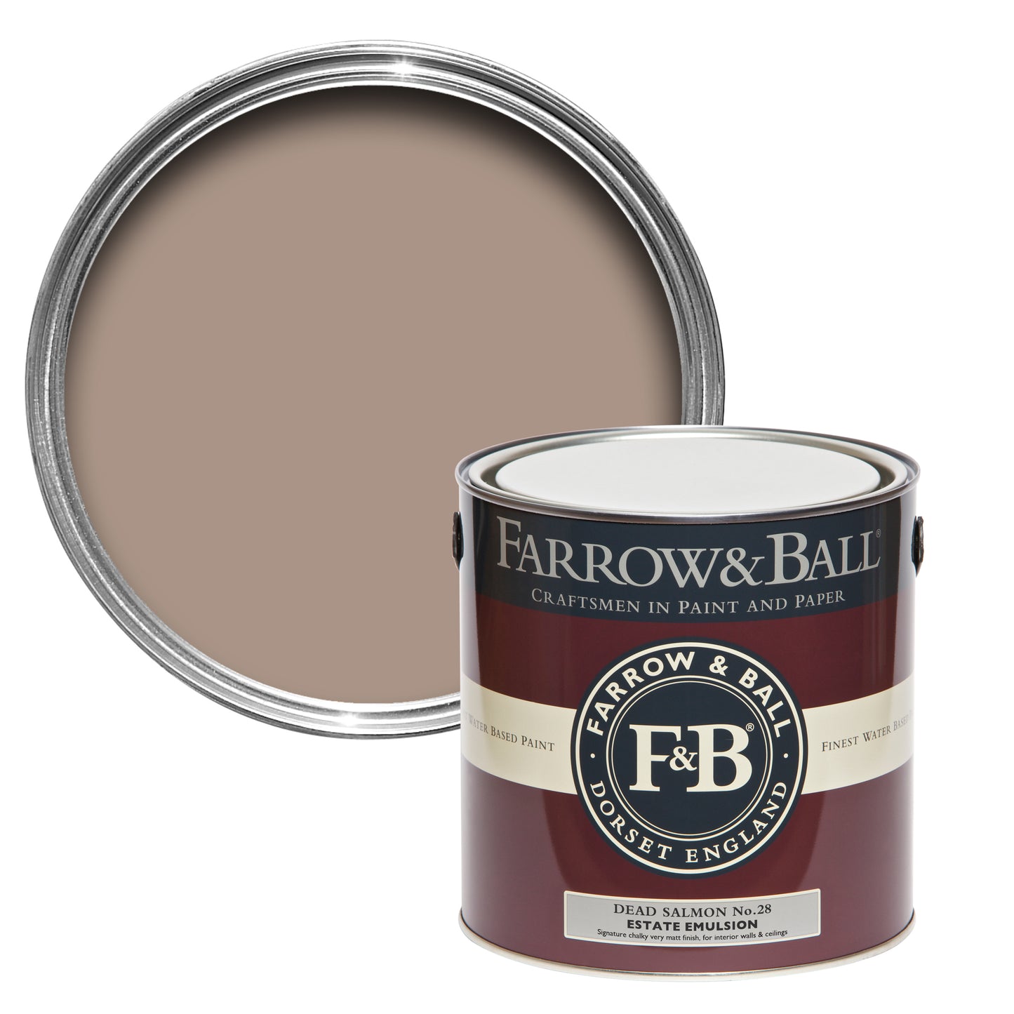 Offene Farbdose von oben von Dead Salmon, einem subtilen und matten Lachston mit einer geschlossenen 2,5l Dose Estate Emulsion davor.
