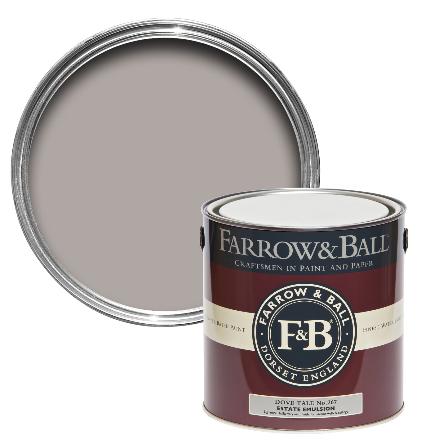 Offene Farbdose von oben von Dove Tale, einem taubengrauen Lila mit einer geschlossenen 2,5l Dose Estate Emulsion davor.