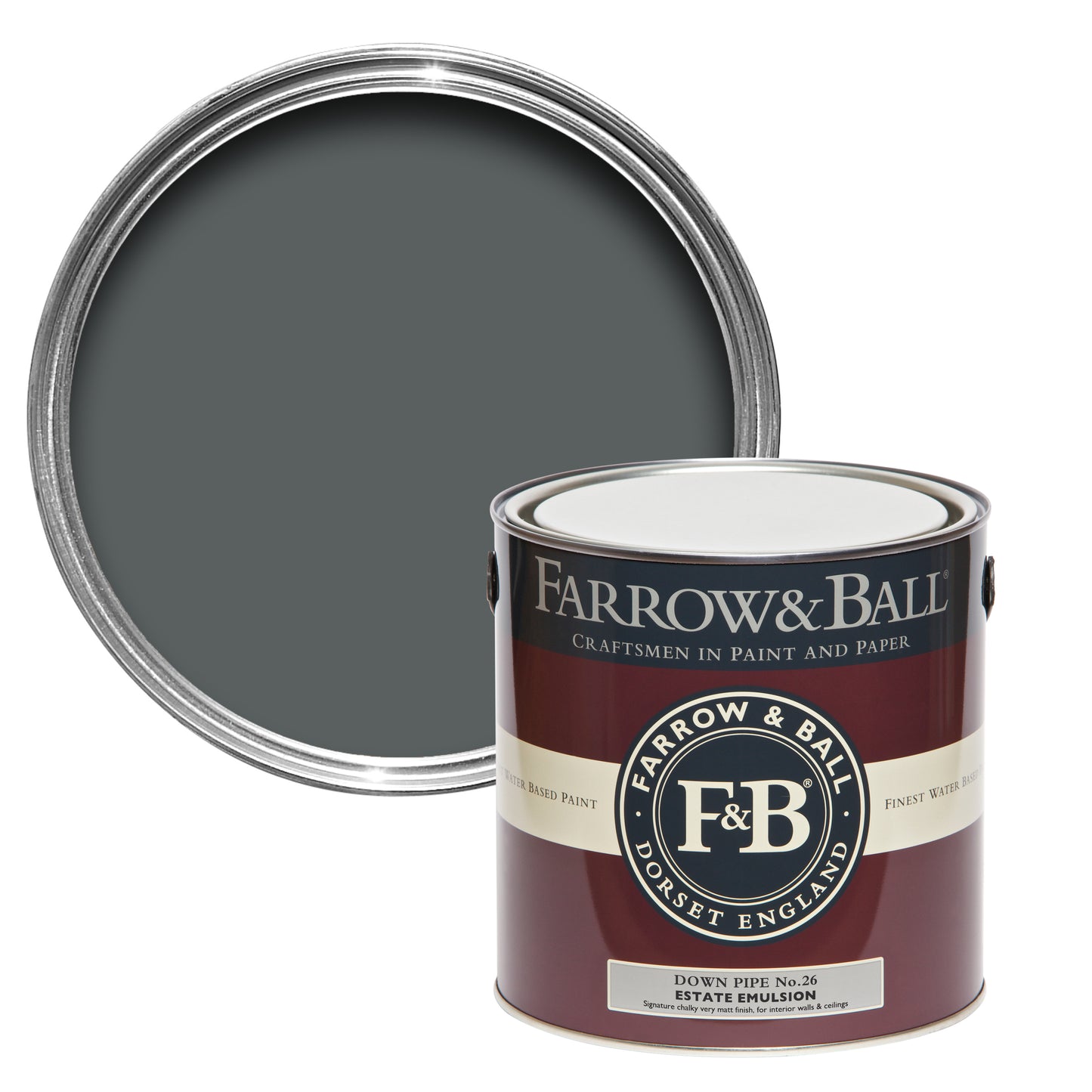 Offene Farbdose von oben von Down Pipe, einem starken, dunklen Bleigrau
Offene Dead Flat Farbdose von Down Pipe, einem starken, dunklen Bleigrau mit einer geschlossenen 2,5l Dose Estate Emulsion davor.