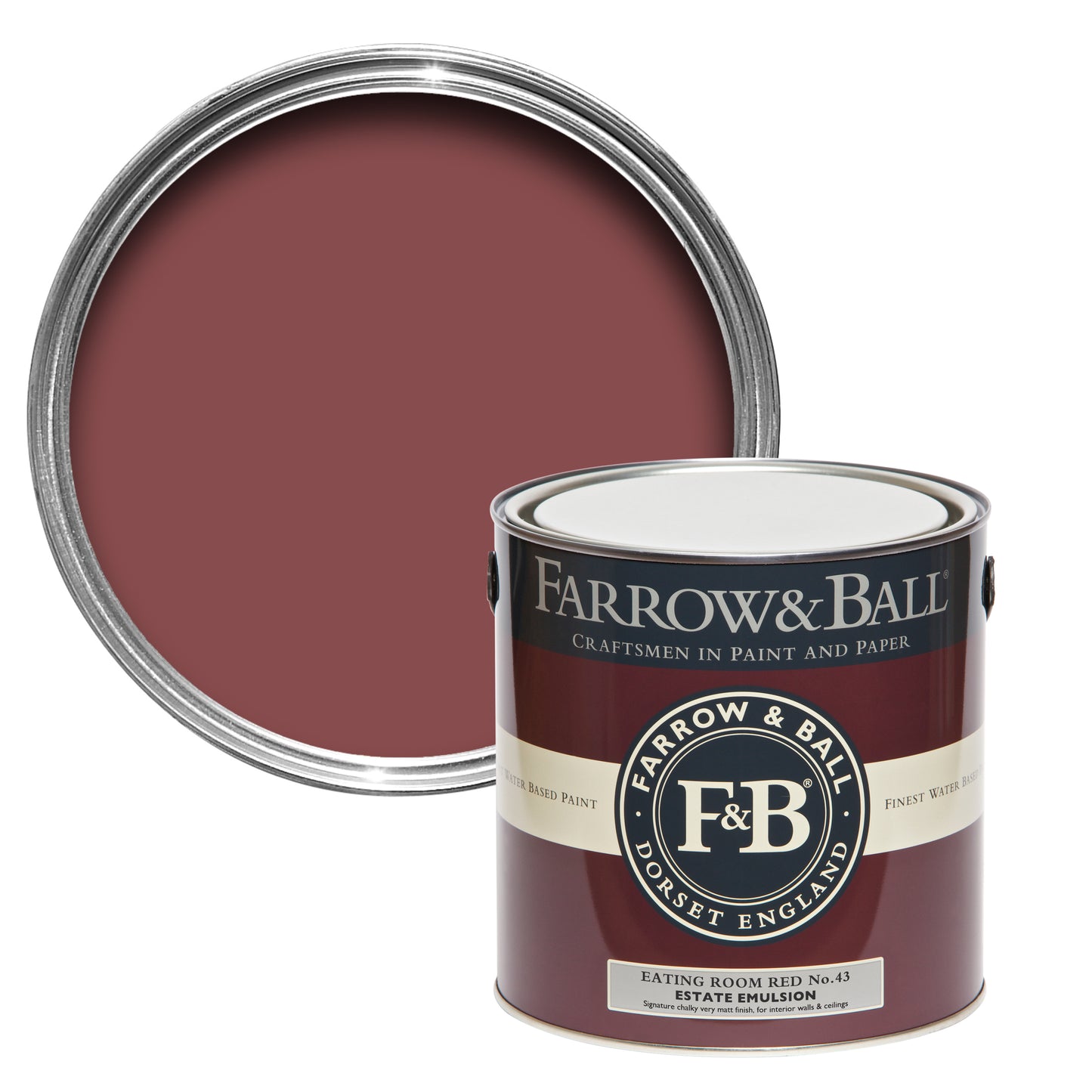Offene Farbdose von oben von Eating Room Red, einem klassischen und kräftigen Rotton mit einer geschlossenen 2,5l Dose Estate Emulsion davor.