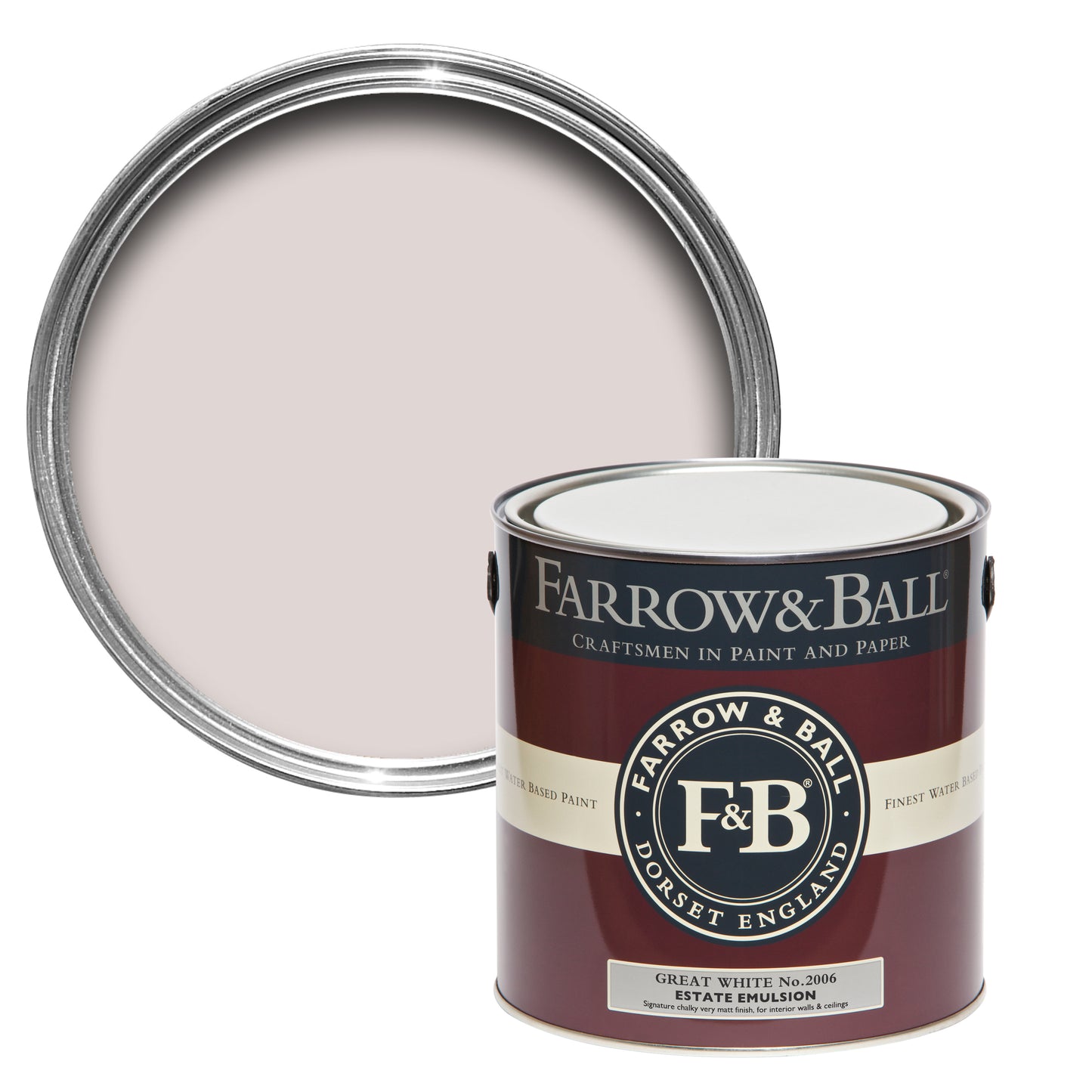 Offene Farbdose von oben von Great White, einem Weiß mit einem Hauch Lila, dass einfach Great ist mit einer geschlossenen 2,5l Dose Estate Emulsion davor.