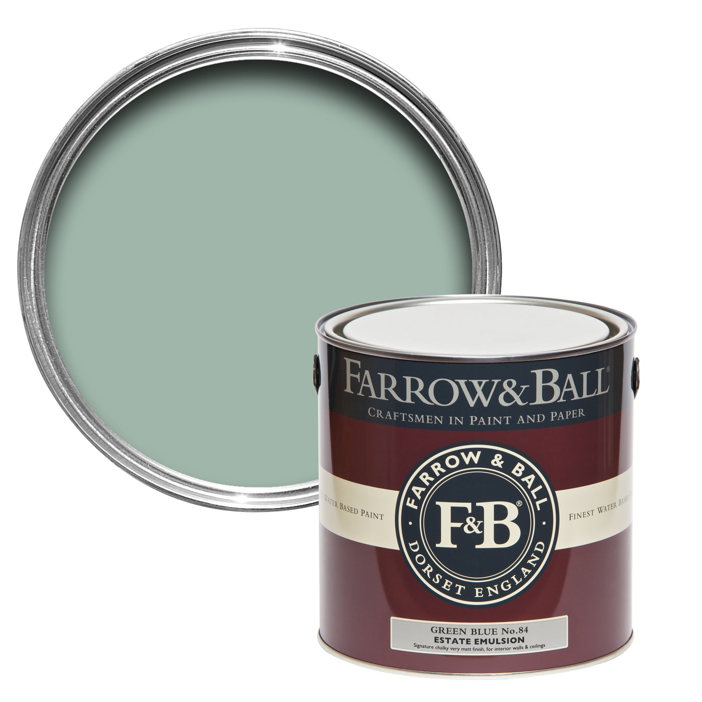 Offene Farbdose von oben von Green Blue, das je nach Tageszeit, Lage und Lichtverhältnis eher Blau oder eher Grün wirkt mit einer geschlossenen 2,5l Dose Estate Emulsion davor.