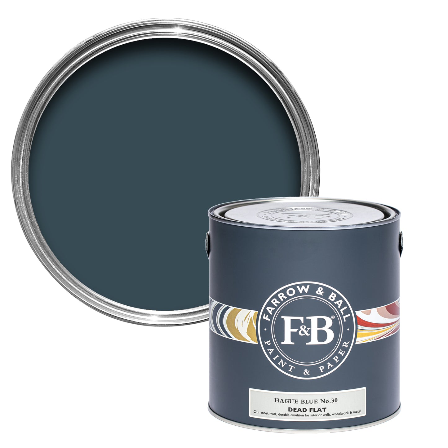 Offene Dead Flat Farbdose von Hague Blue, dem kräftvollen und elegantem Hollandblau