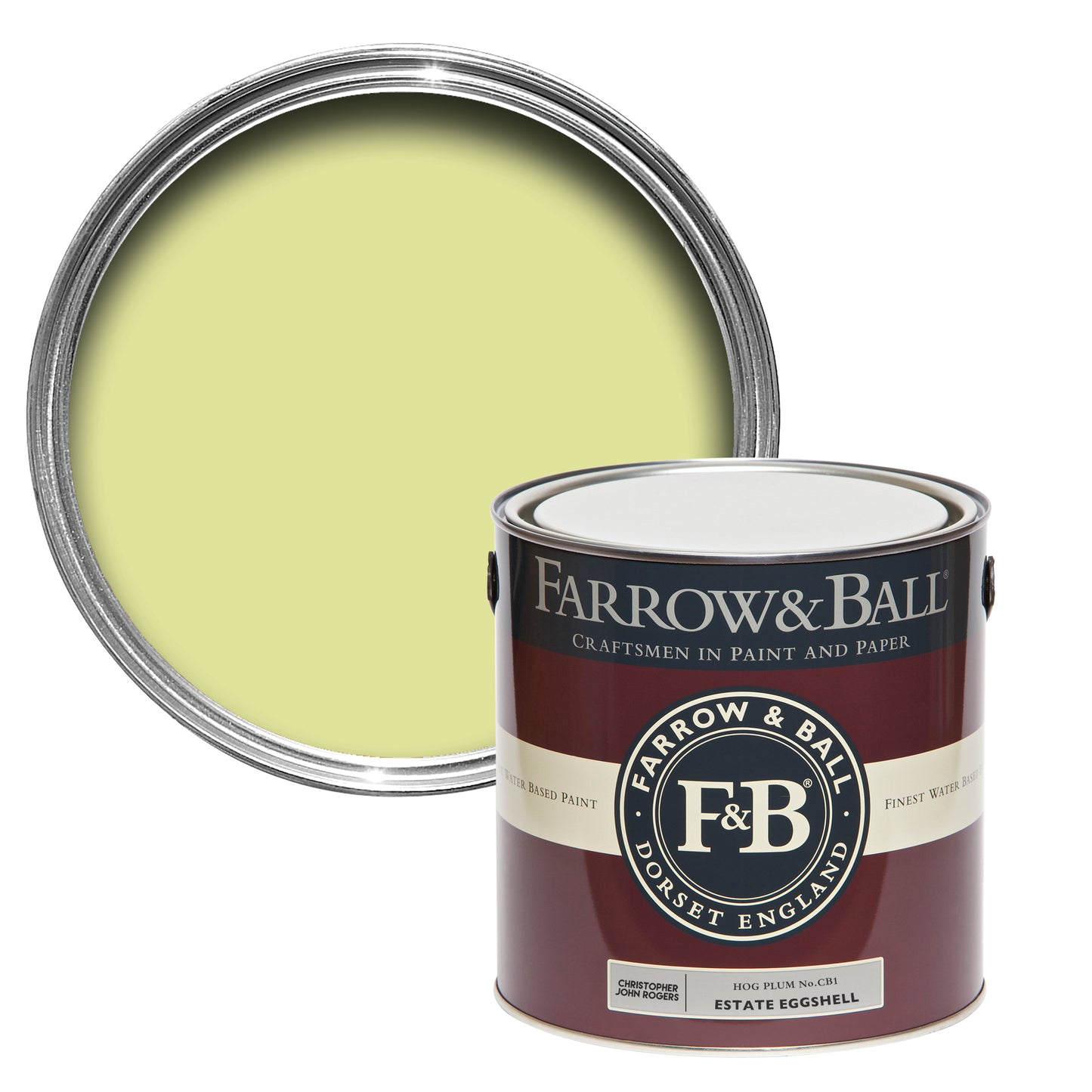 Offene Farbdose von oben von Hog Plum, einem erdigen Gelb, das an die süß-saure Frucht der Schweinepflaume erinnert, mit einer geschlossenen 2,5l Dose davor.