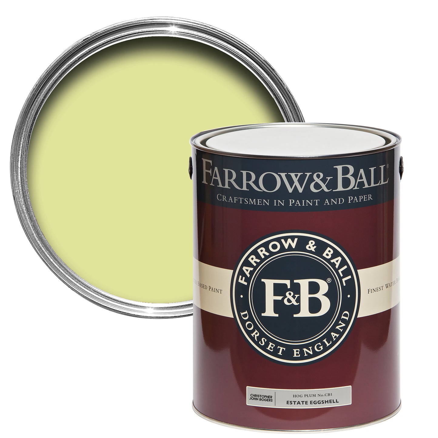 Offene Farbdose von oben von Hog Plum, einem erdigen Gelb, das an die süß-saure Frucht der Schweinepflaume erinnert, mit einer geschlossenen 5l Dose davor.