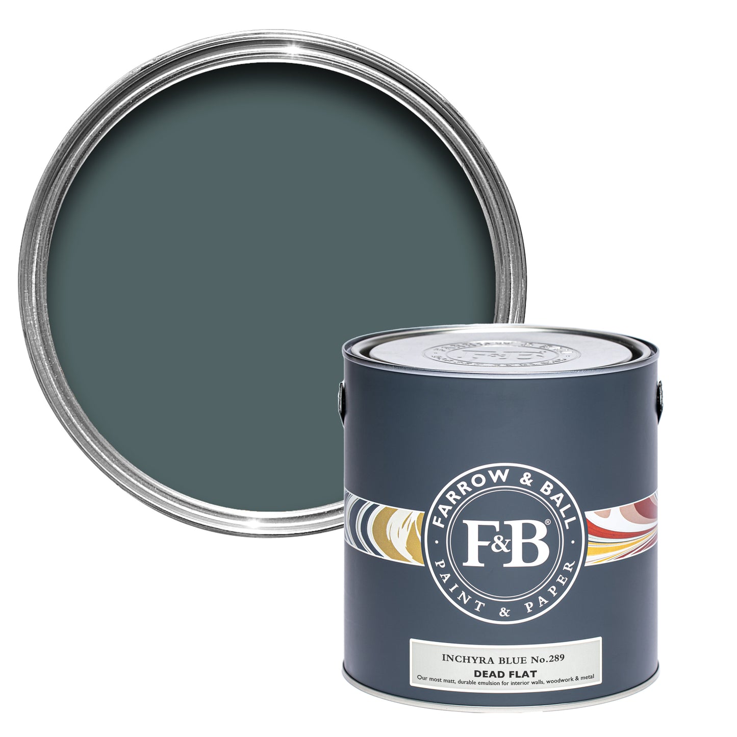 Offene Dead Flat Farbdose von Inchyra Blue, einem dunklen Blau mit leichtem Hang zu Grün, das an den dramatischen Schottischen Himmel erinnert.