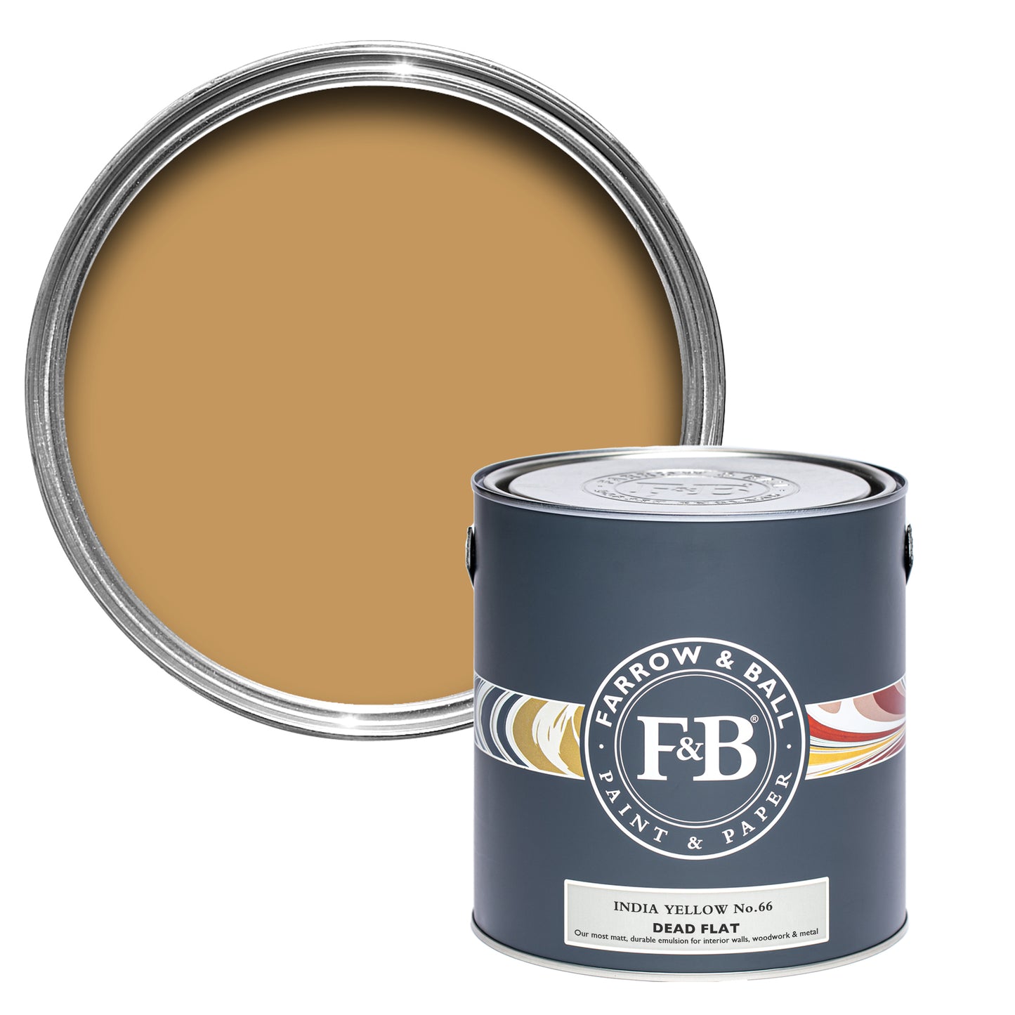 Offene Dead Flat Farbdose von India Yellow, einem klassischen Currygelb