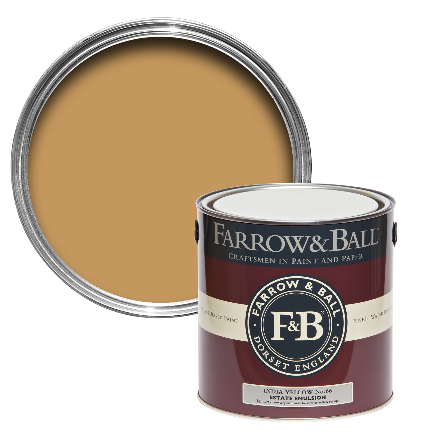 Offene Farbdose von oben von India Yellow, einem klassischen Currygelb mit einer geschlossenen 2,5l Dose Estate Emulsion davor.