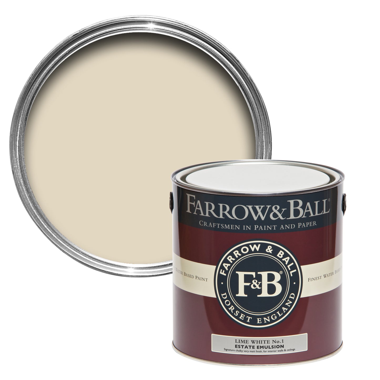 Offene Farbdose von oben von Lime White, einem grünlichen Off-White mit einer geschlossenen 2,5l Dose Estate Emulsion davor.