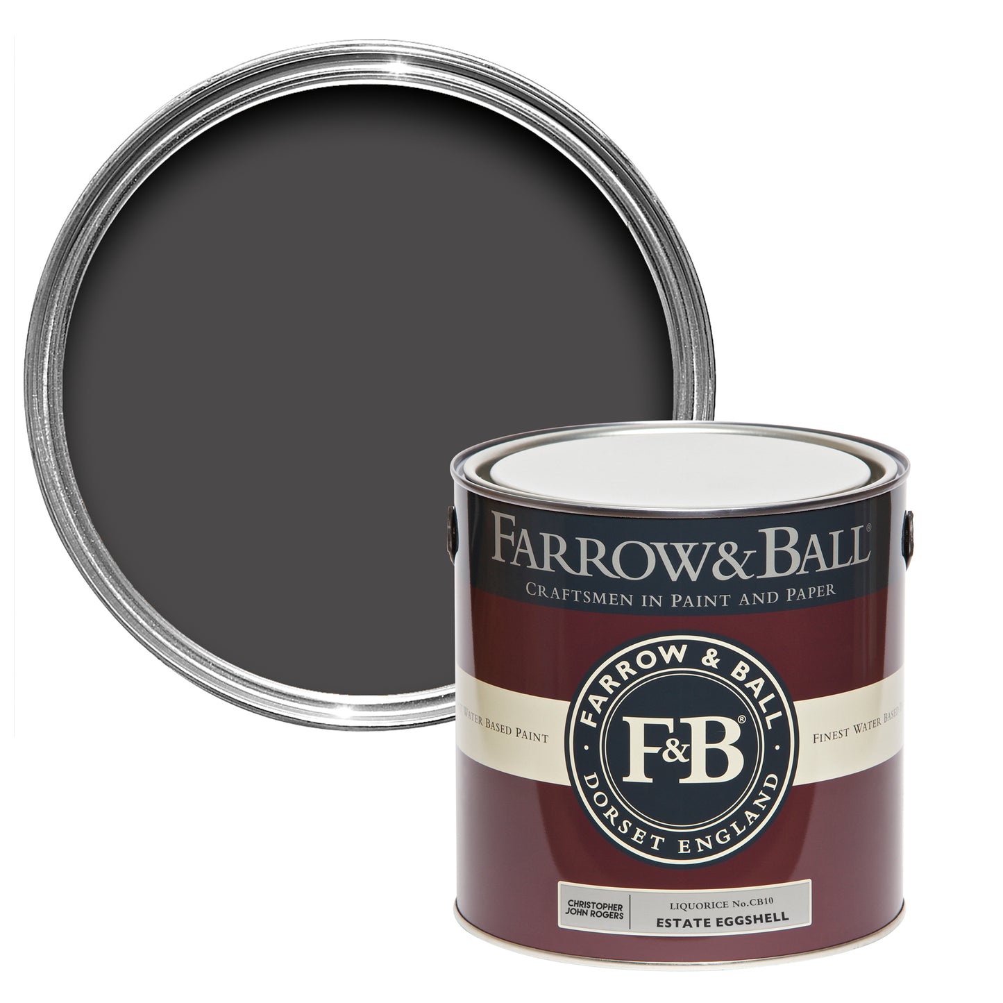 Offene Farbdose von oben von Liquorice, einem Lakritz Schwarz mit einer geschlossenen 2,5l Dose davor.
