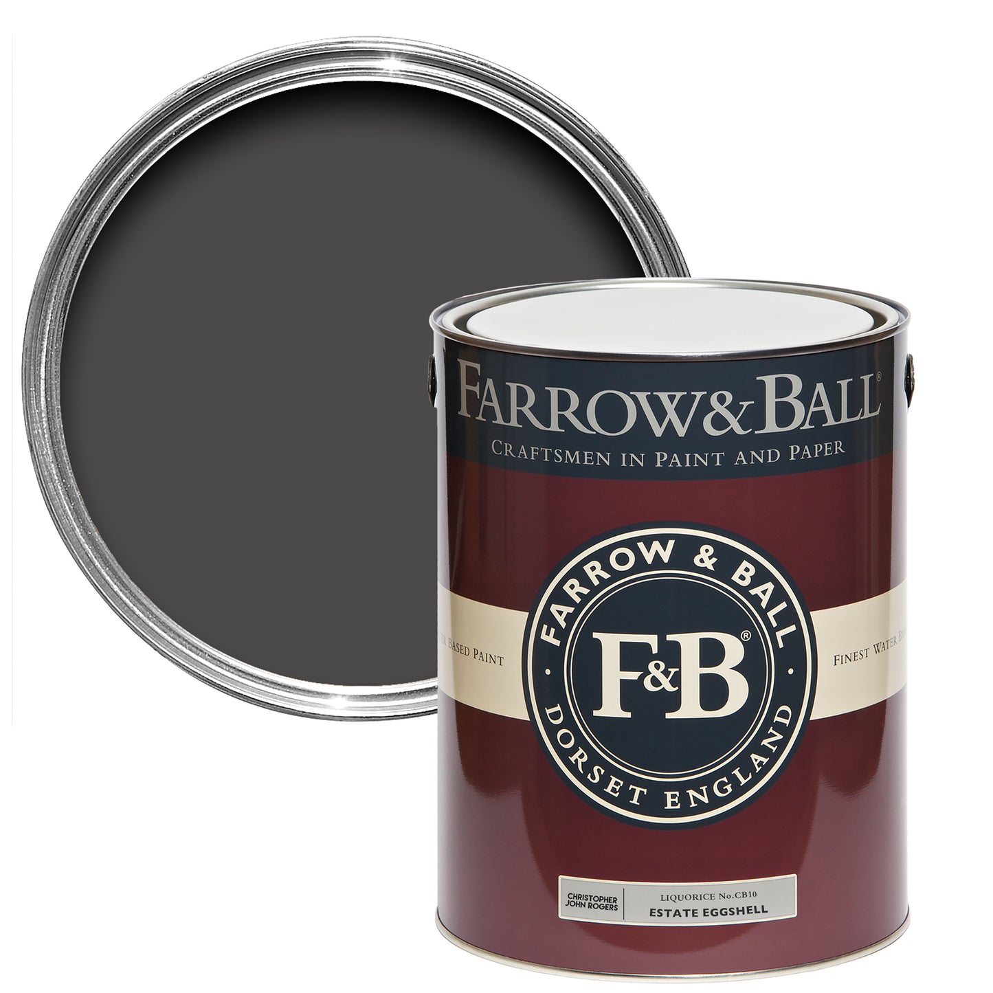 Offene Farbdose von oben von Liquorice, einem Lakritz Schwarz mit einer geschlossenen 5l Dose davor.