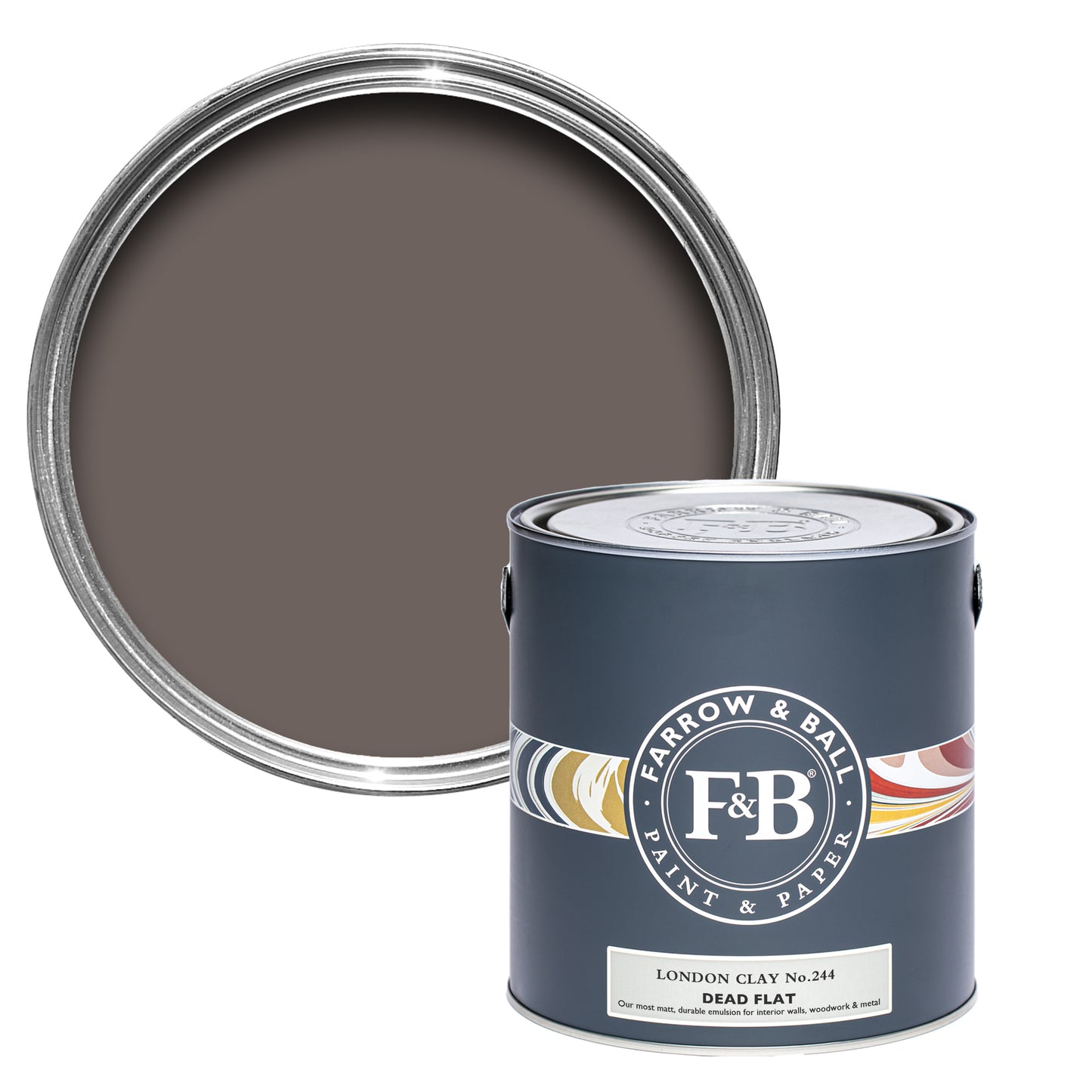 Offene Farbdose von London Clay, einem charmanten, satten und warmen Braunton.