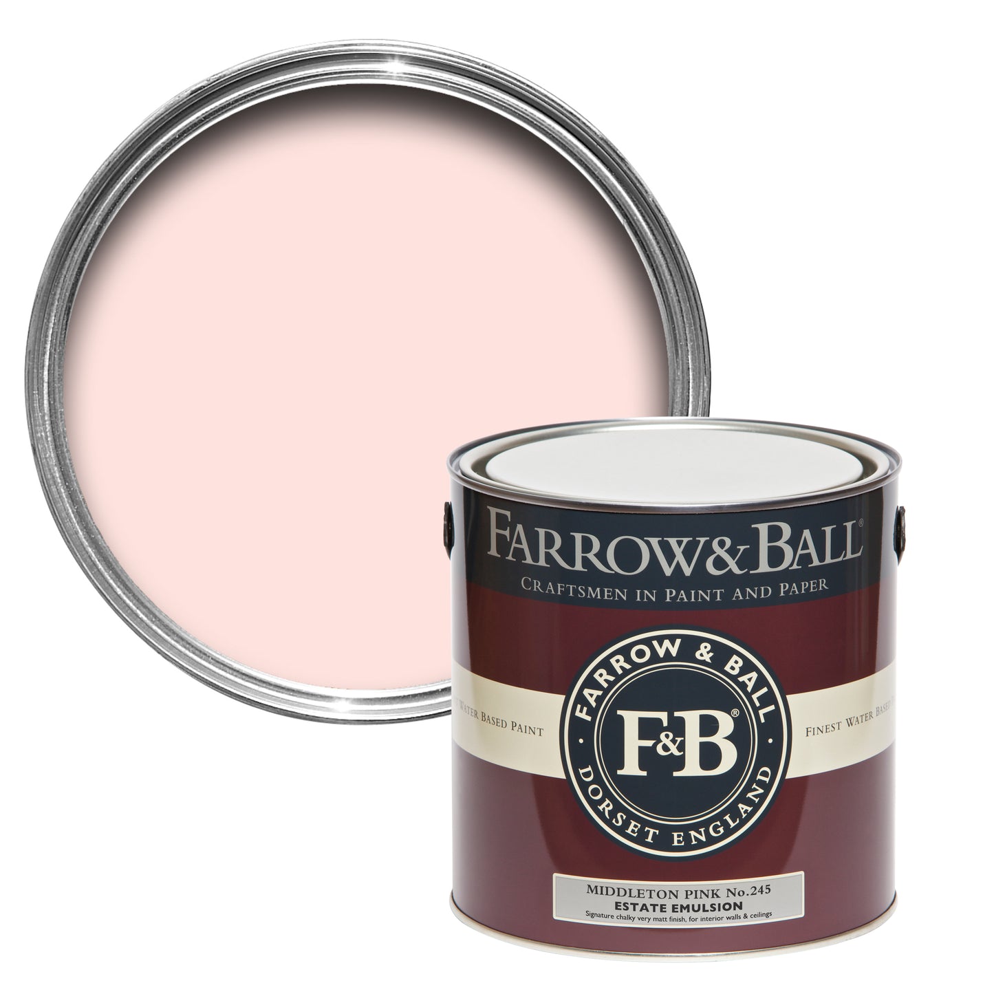 Offene Farbdose hinter einer geschlossenen von dem reinen Rosa Middleton Pink, das lieblich und zart wirkt.