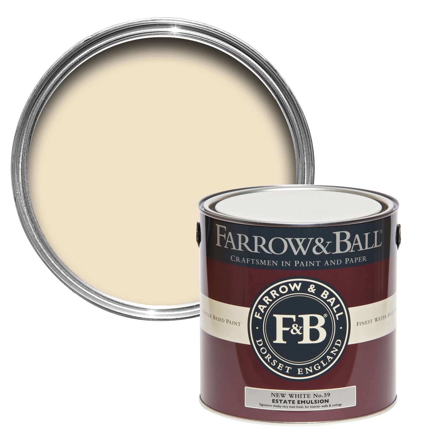 Offene Farbdose von oben von New White, einem gebrochenen gelblichen Weiß mit einer geschlossenen 2,5l Dose Estate Emulsion davor.