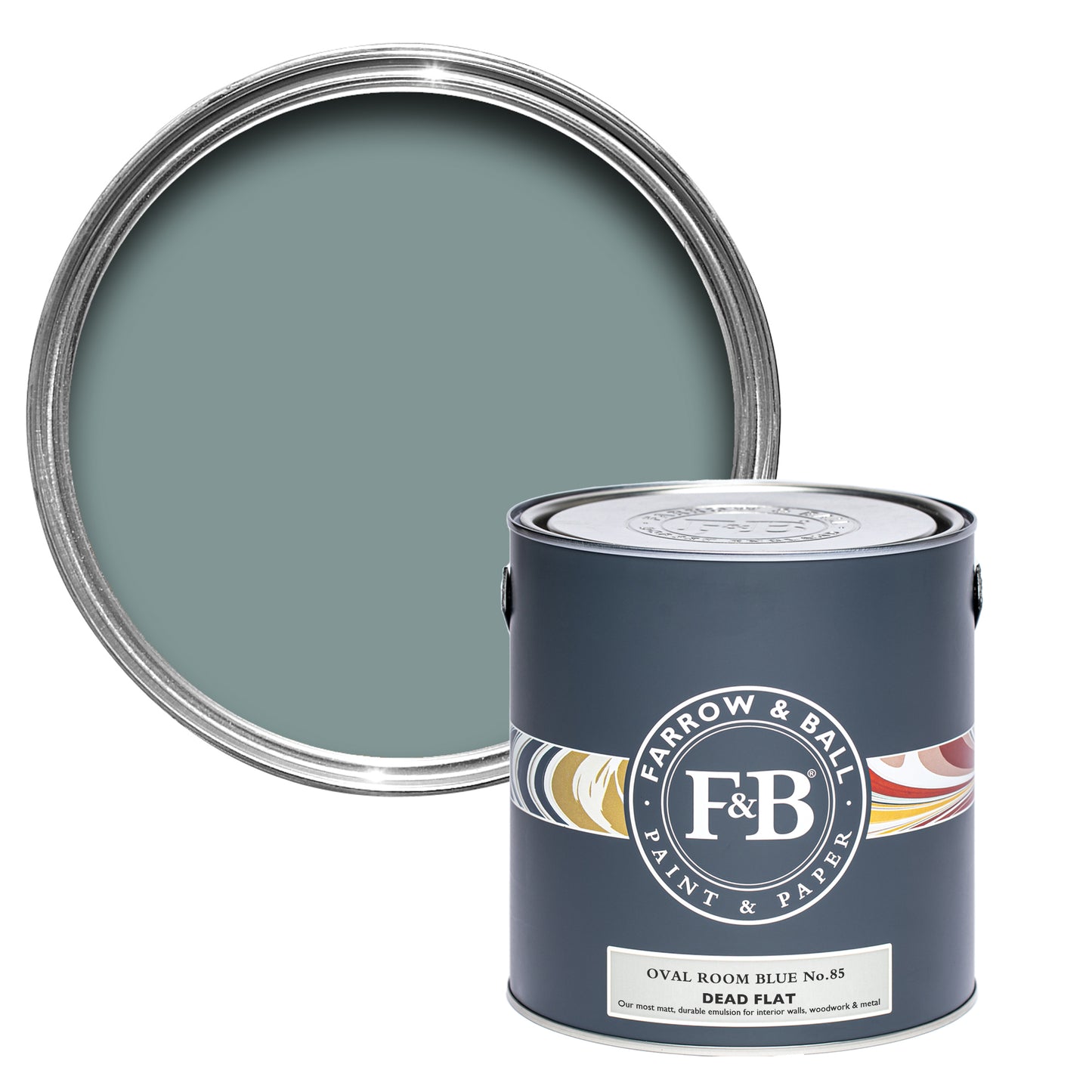 Offene Dead Flat Farbdose von Oval Room Blue, einem königlichen und leicht schwarz eingefärbtem Blau