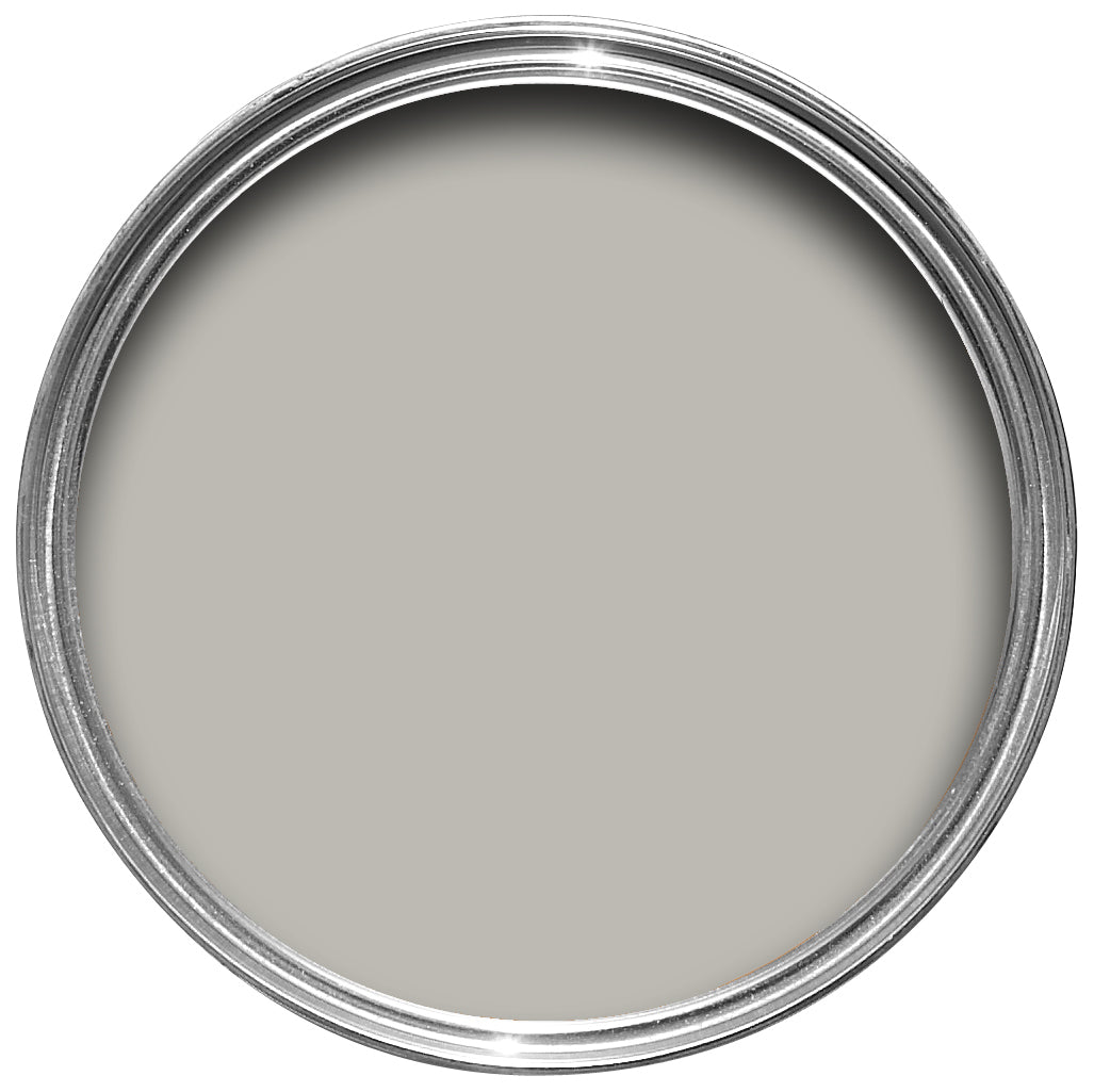 Offene Farbdose von oben von Pavilion Gray, einem klassichen Mittelgrau oder auch Schwedengrau