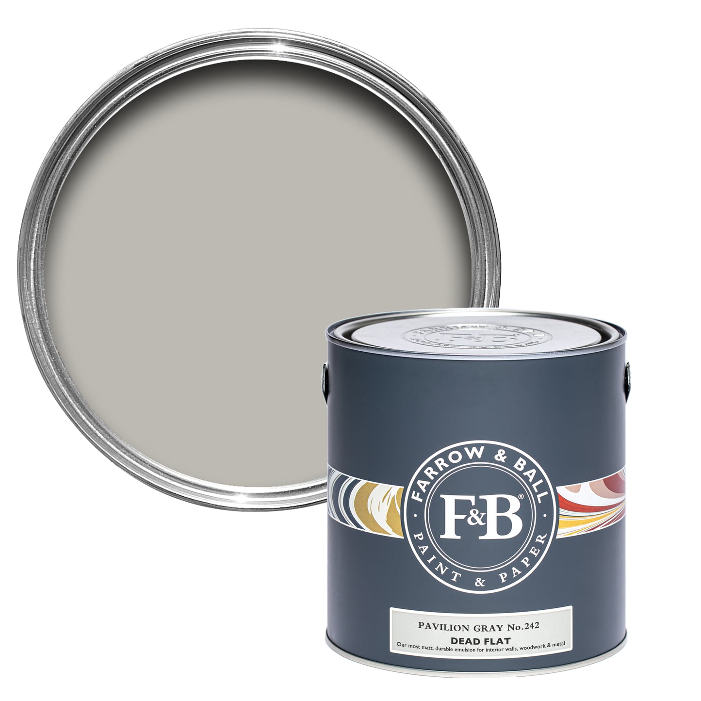 Offene Dead Flat Farbdose von Pavilion Gray, einem klassichen Mittelgrau oder auch Schwedengrau