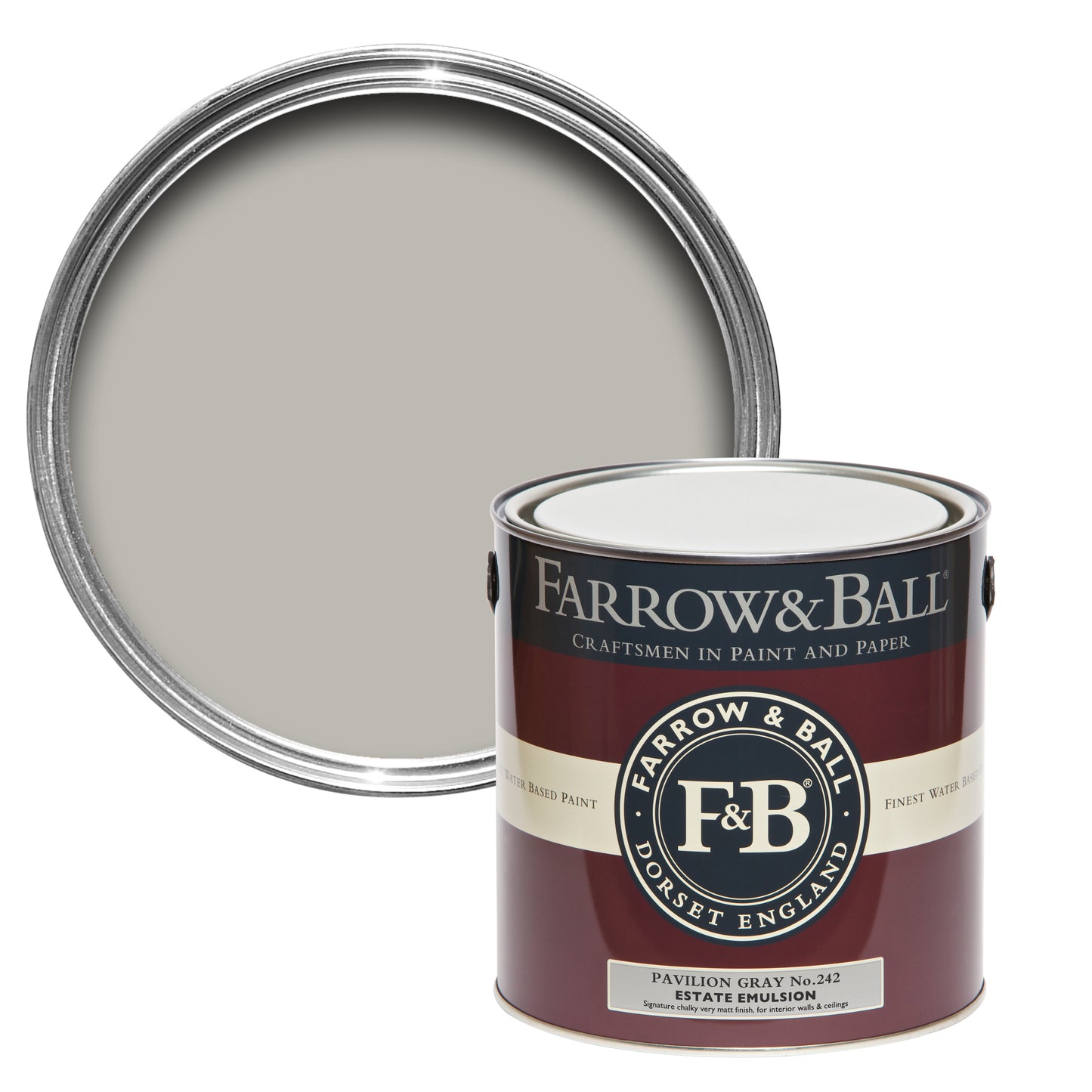 Offene Farbdose von oben von Pavilion Gray, einem klassichen Mittelgrau oder auch Schwedengrau mit einer geschlossenen 2,5l Dose Estate Emulsion davor.
