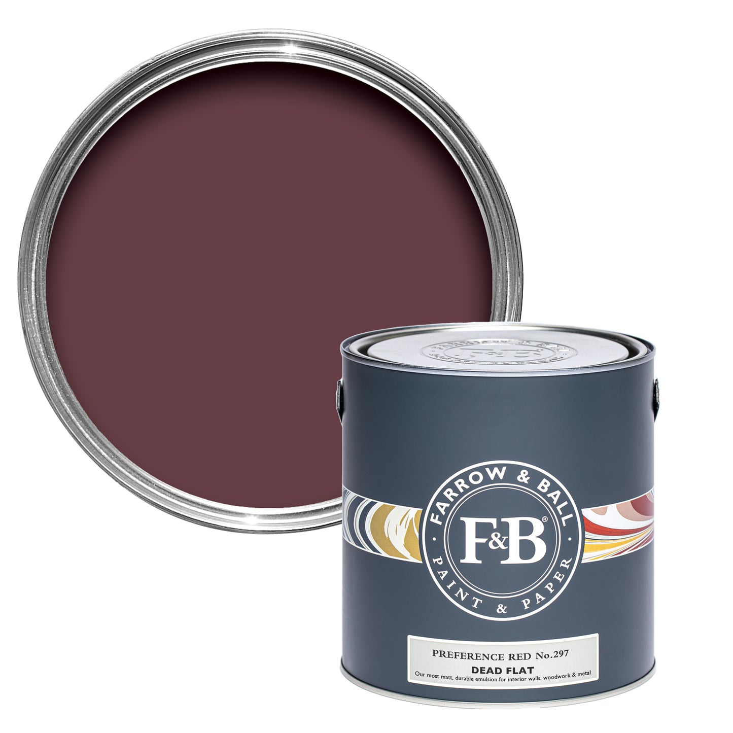 Offene Dead Flat Farbdose von Preference Red, einem satten Rot aus der Barockzeit für moderne Räume.