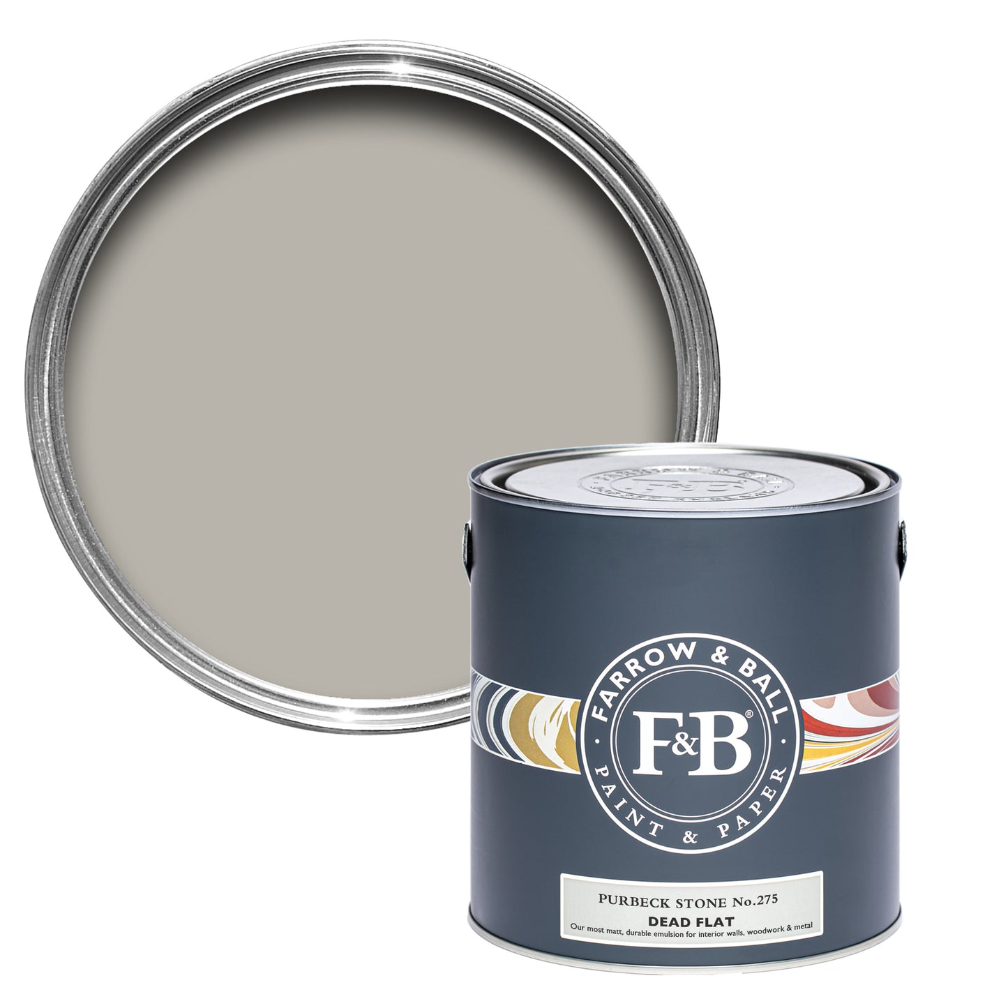 Offene Dead Flat Farbdose von Purbeck Stone, einem steinigen Grau ohne Kanten