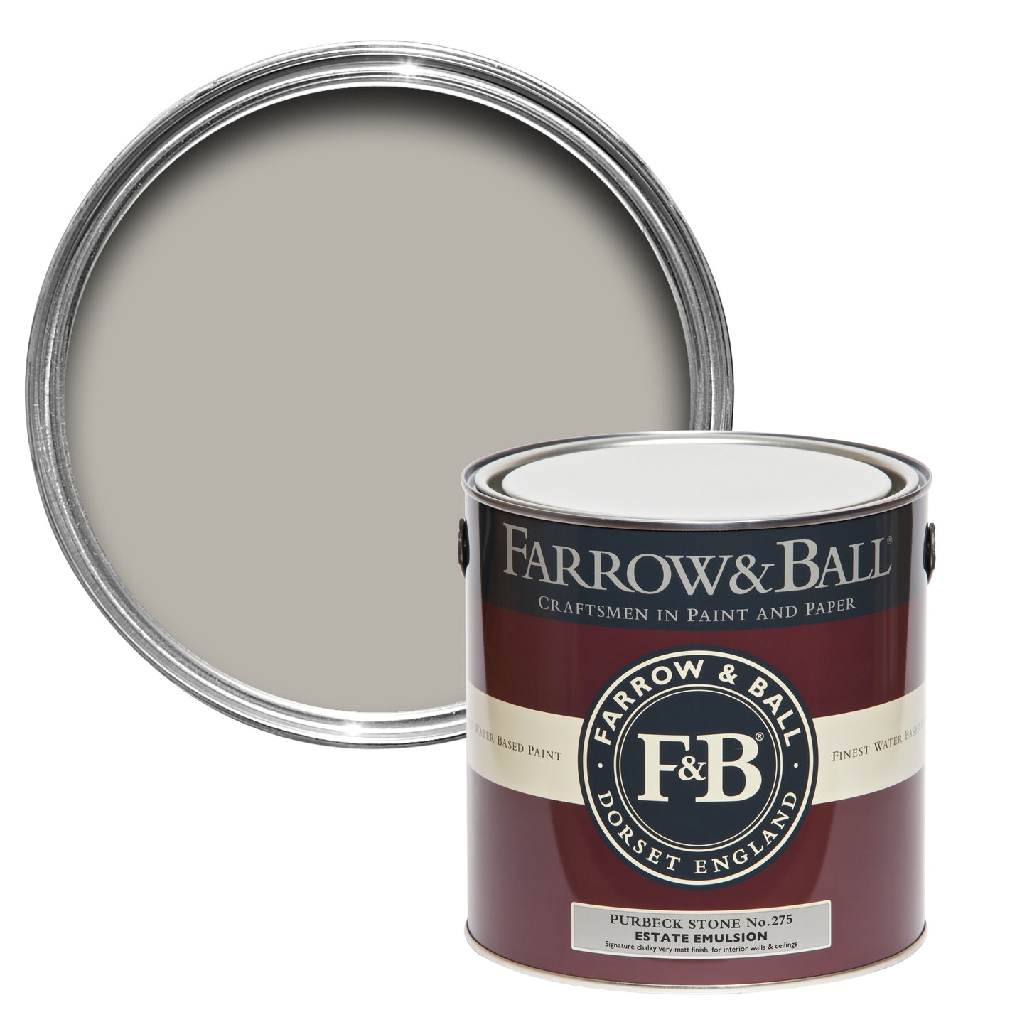 Offene Farbdose von oben von Purbeck Stone, einem steinigen Grau ohne Kanten mit einer geschlossenen 2,5l Dose Estate Emulsion davor.