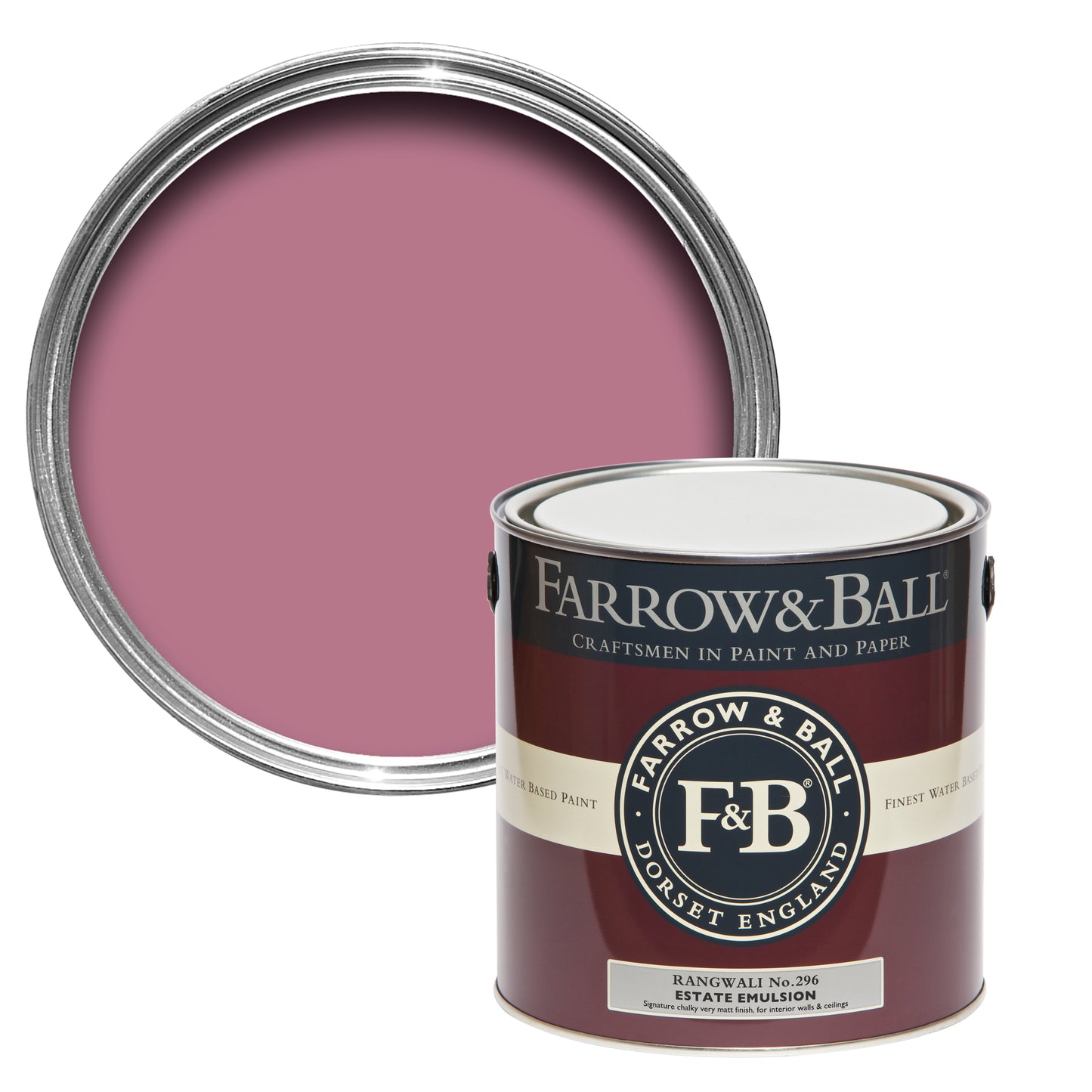 Offene Farbdose von oben hinter einer geschlossenen von Rangwali, das den kräftigen und exotischen Farbton zeigt, der an das Pink des Farbpulvers erinnert, wie man es von einem indischen Freudenfest kennt