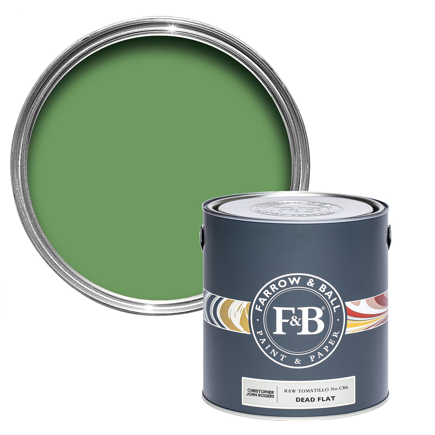 Offene Dead Flat Farbdose von Raw Tomatillo, einem fröhlichen Grün, wie das von rohen Tomaten