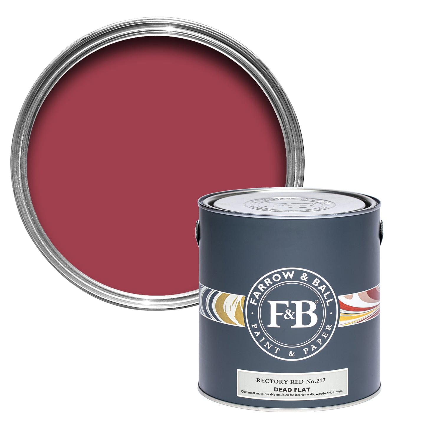 Offene Farbdose von Rectory Red, das einen eleganten Rotton darstellt, der von einem Dorf in Klerus inspiriert ist.