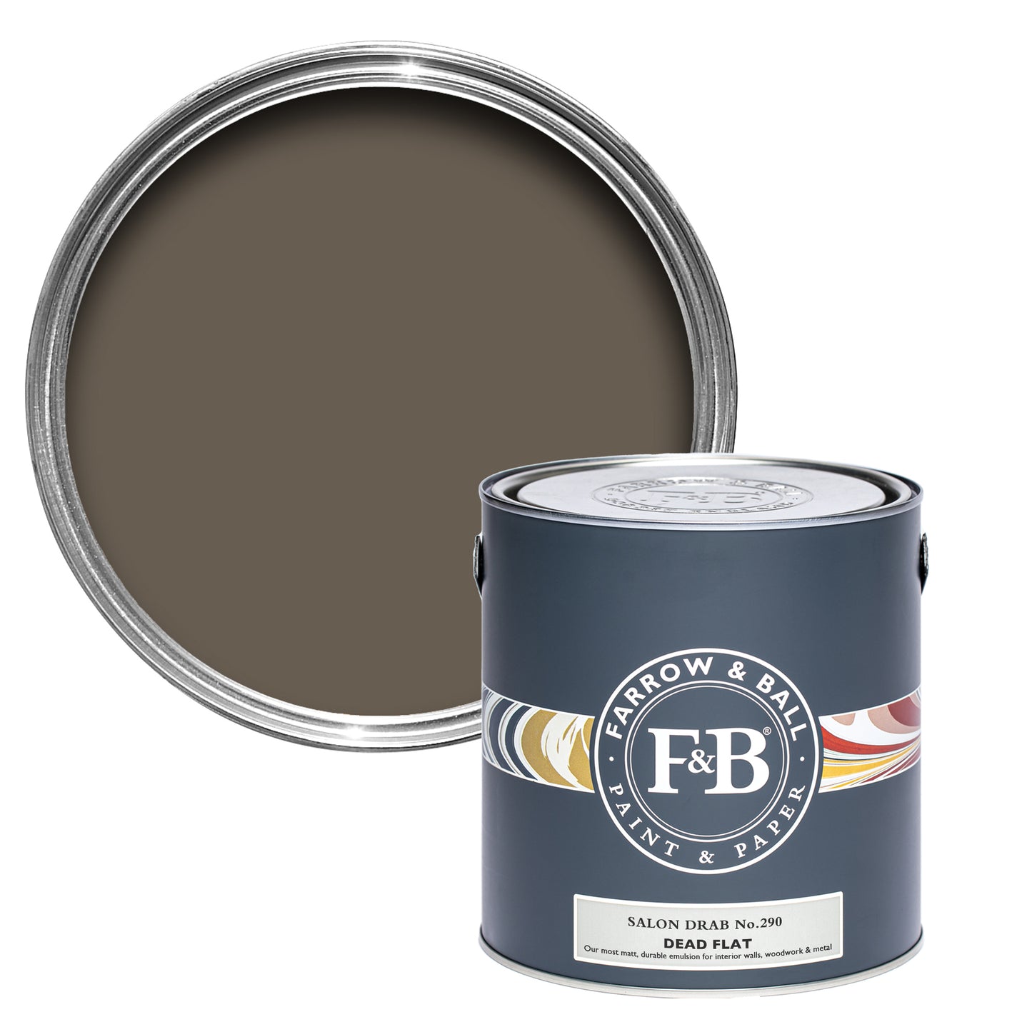 Offene Dead Flat Farbdose von Salon Drab, einem warmen und dunklen Graubraun.