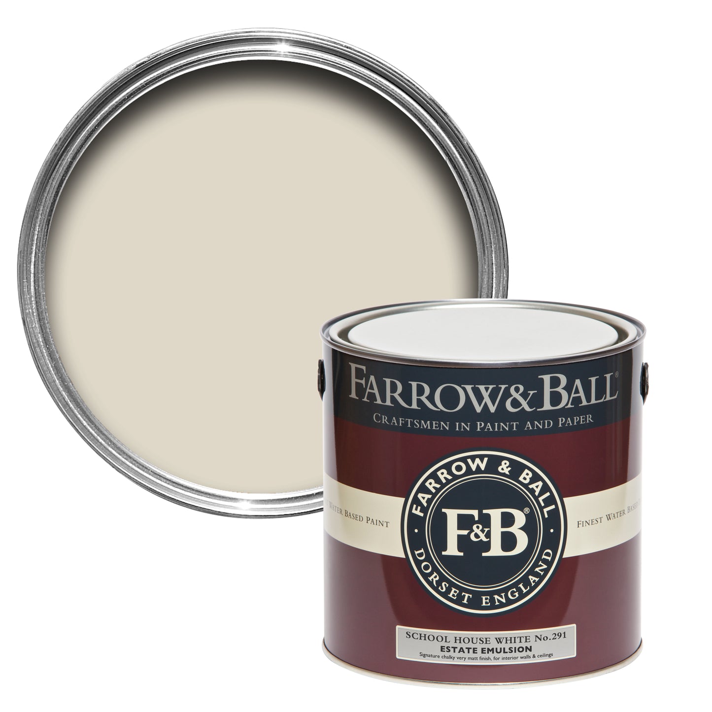 Offene Farbdose von oben von School House White, einem Weißton, der mit alten Schulen in Verbindung gebracht wird mit einer geschlossenen 2,5l Dose Estate Emulsion davor.