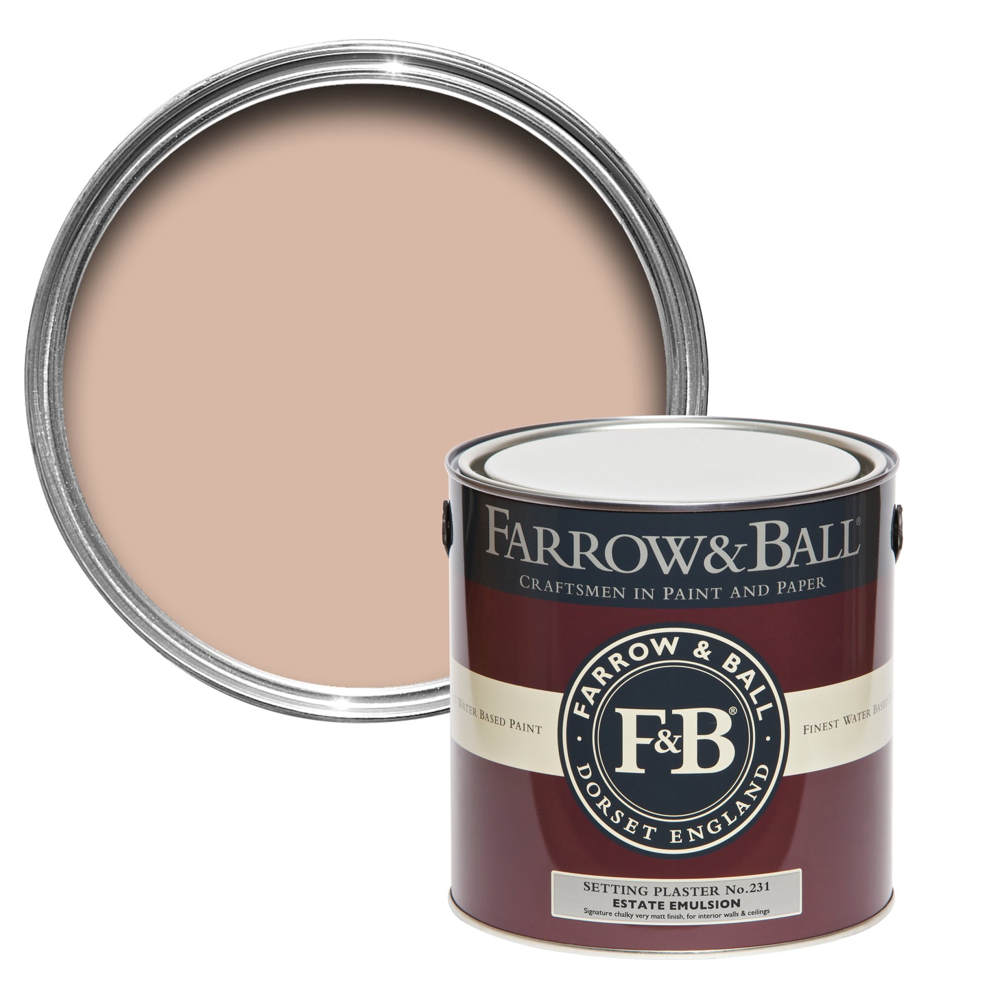 Offene Farbdose von oben von Setting Plaster, einem zarten Rosé mit einer geschlossenen 2,5l Dose Estate Emulsion davor.