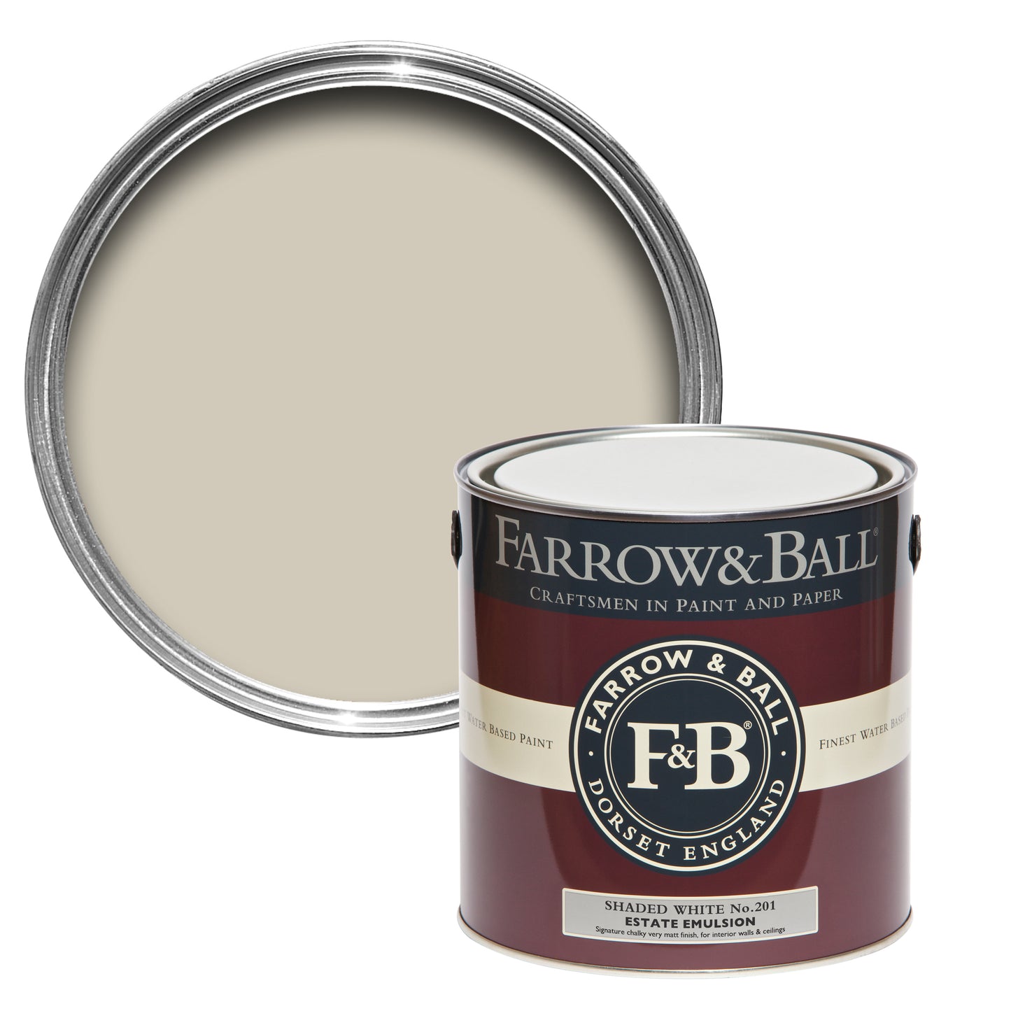 Offene Farbdose von oben von Shaded White, einem Weißton der schattig wirkt mit einer geschlossenen 2,5l Dose Estate Emulsion davor.