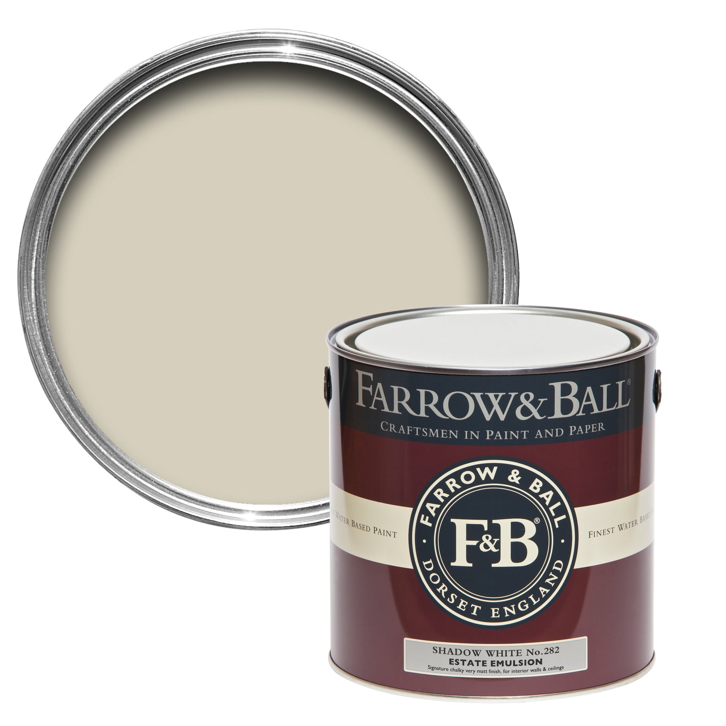 Offene Farbdose von oben von Shadow White, einem neutralen, hellen Weißton im Schatten mit einer geschlossenen 2,5l Dose Estate Emulsion davor.