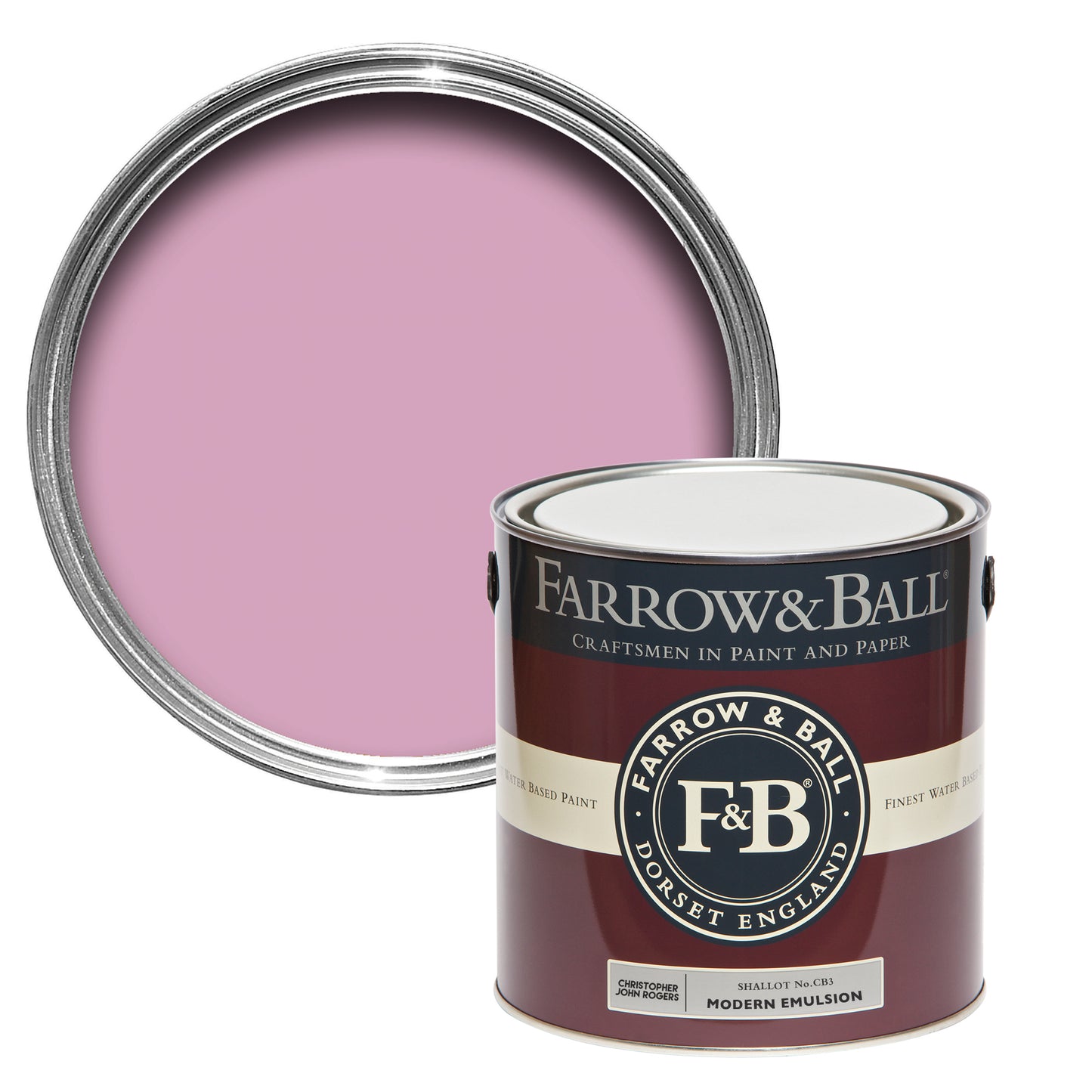 Offene Farbdose von oben von Shalott, einem fröhlichen Rosa, wie man es von den Schalotten aus der Cajun-Küche kennt, mit einer geschlossenen 2,5l Dose Modern Emulsion davor.