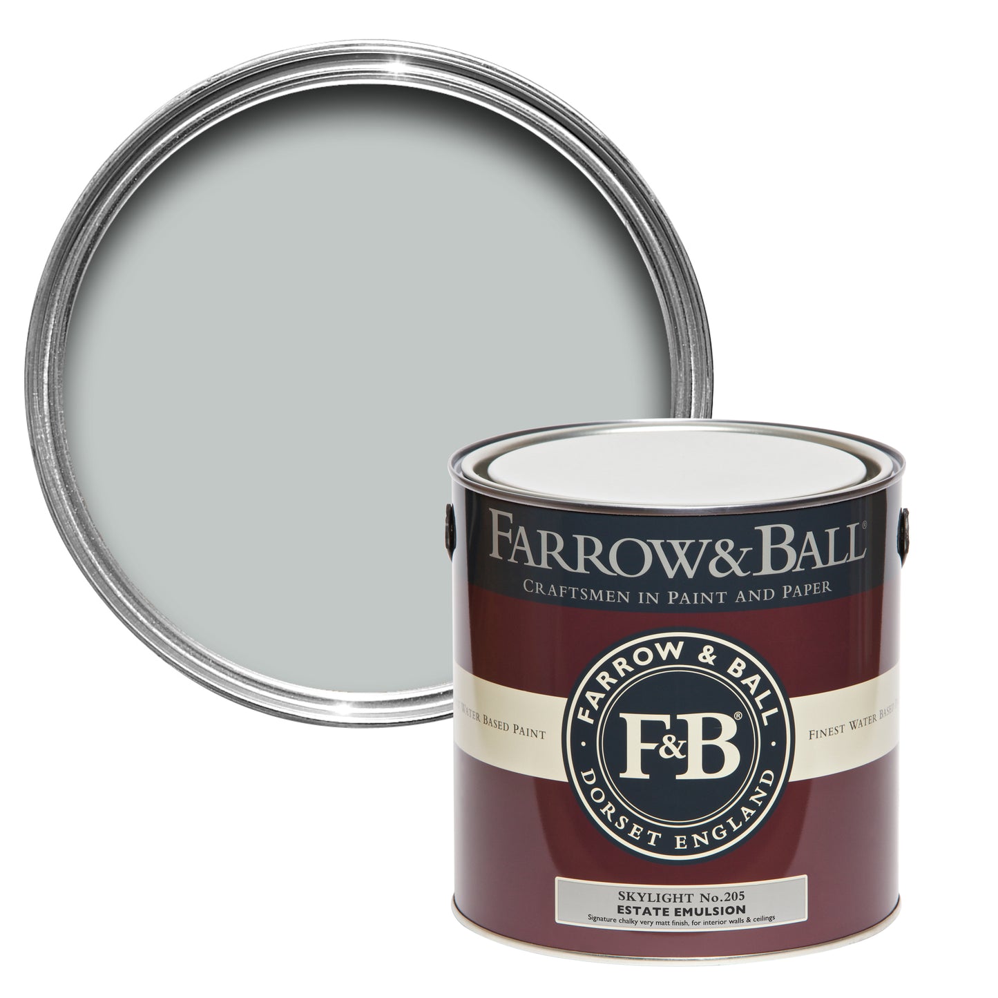 Offene Farbdose von oben von Skylight, einem zarten und unaufdringlichem Blaugrau mit einer geschlossenen 2,5l Dose Estate Emulsion davor.