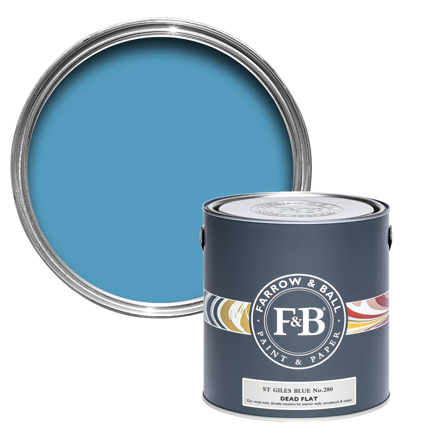 Offene Dead Flat Farbdose von St. Giles Blue, einem belebendem Blauton bei Tag und sanft bei Nacht.