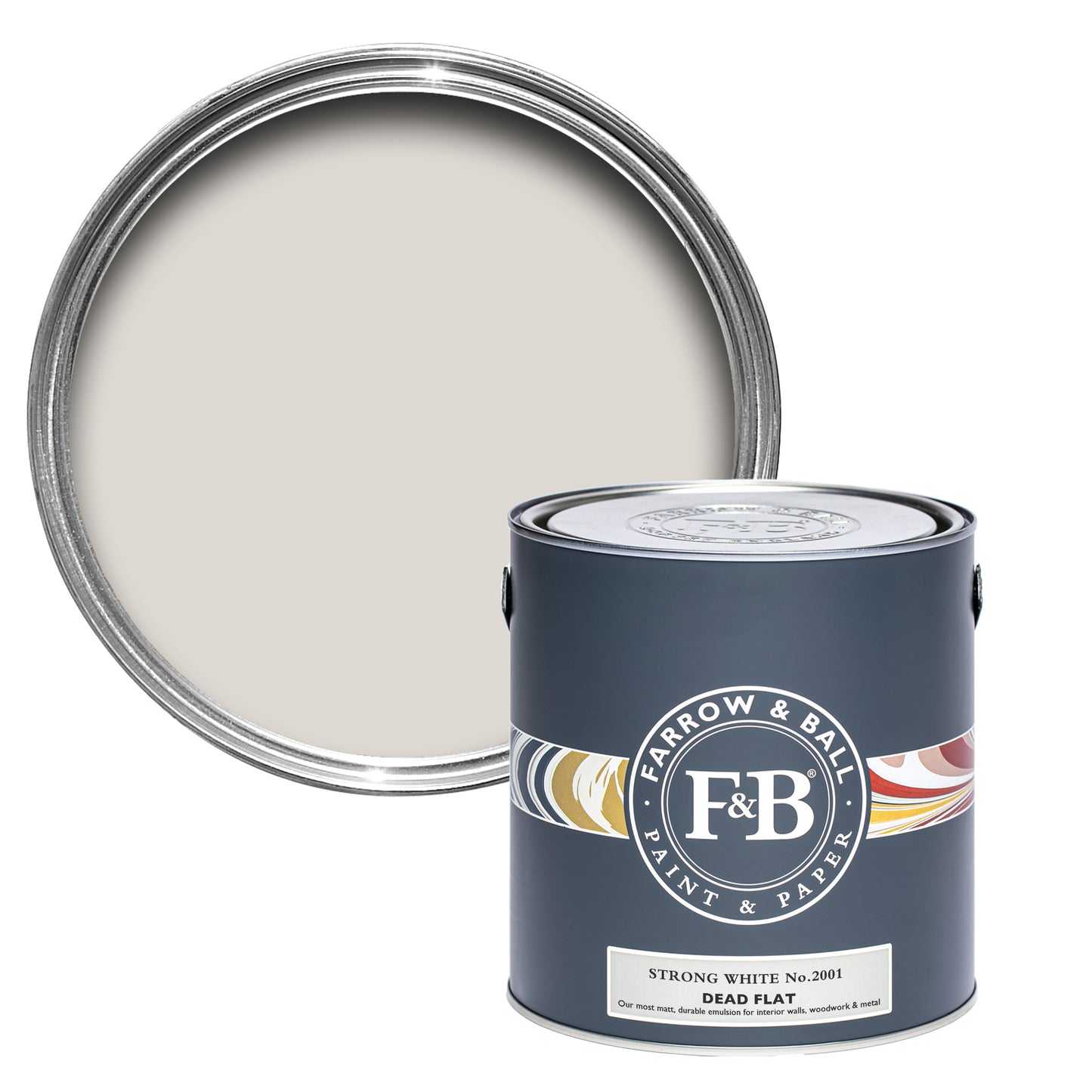 Offene Dead Flat Farbdose von Strong White, einem ausdrucksstarkem aber kalten Weiß