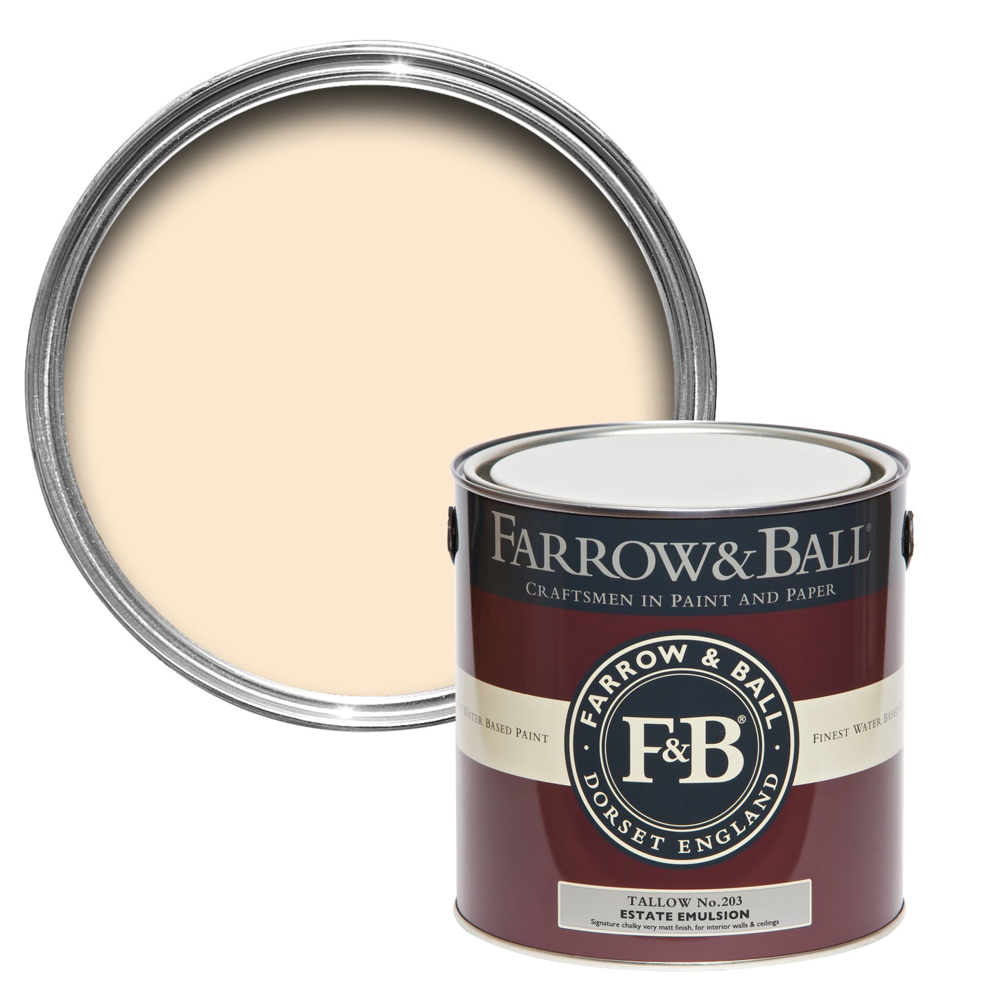 Offene Farbose von oben von Tallow, einem schillernder Creme mit warmen Untertönen mit einer geschlossenen 2,5l Dose Estate Emulsion davor.
