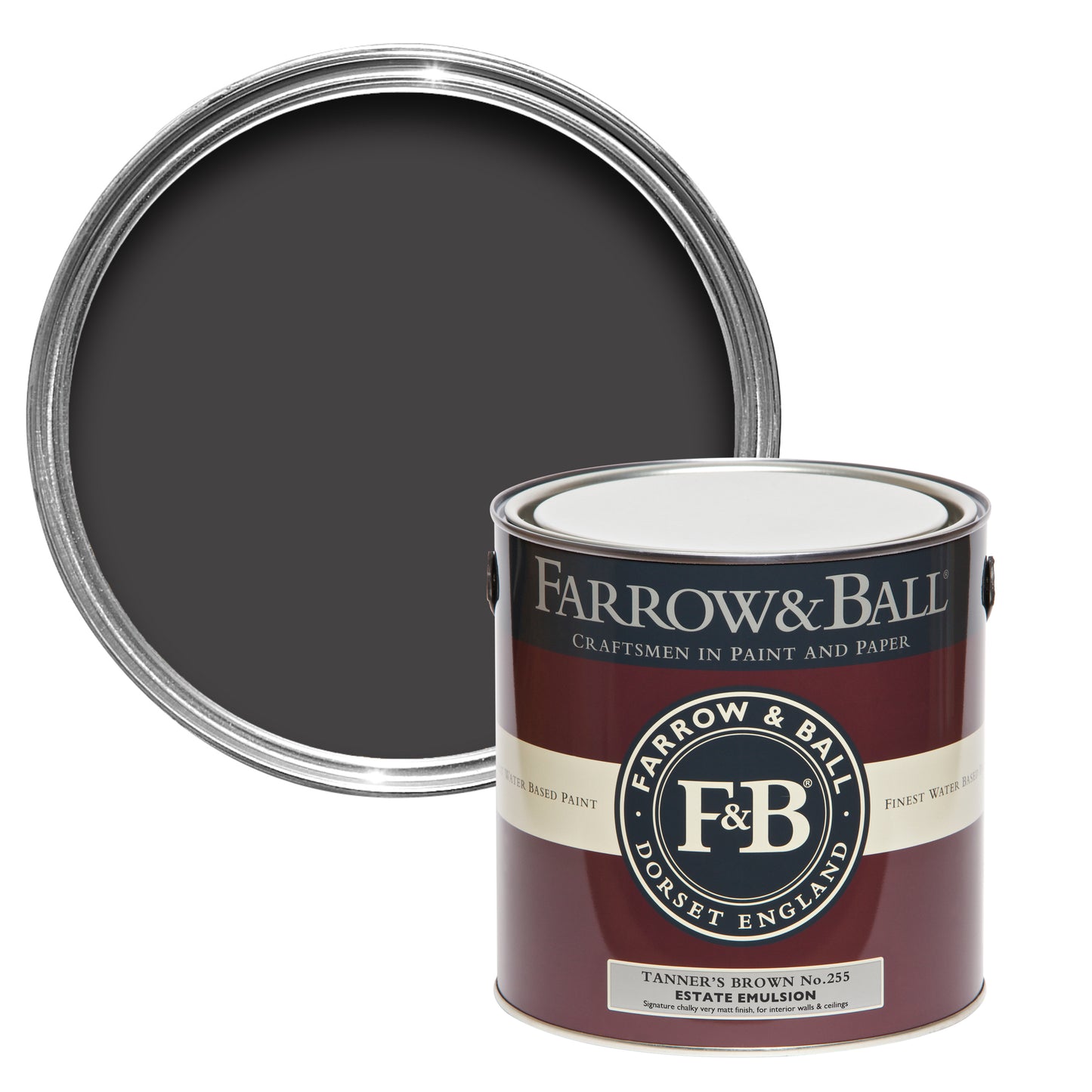 Offene Farbdose von oben von Tanner's Brown, einem dunklen Braun wie Leder mit einer geschlossenen 2,5l Dose Estate Emulsion davor.